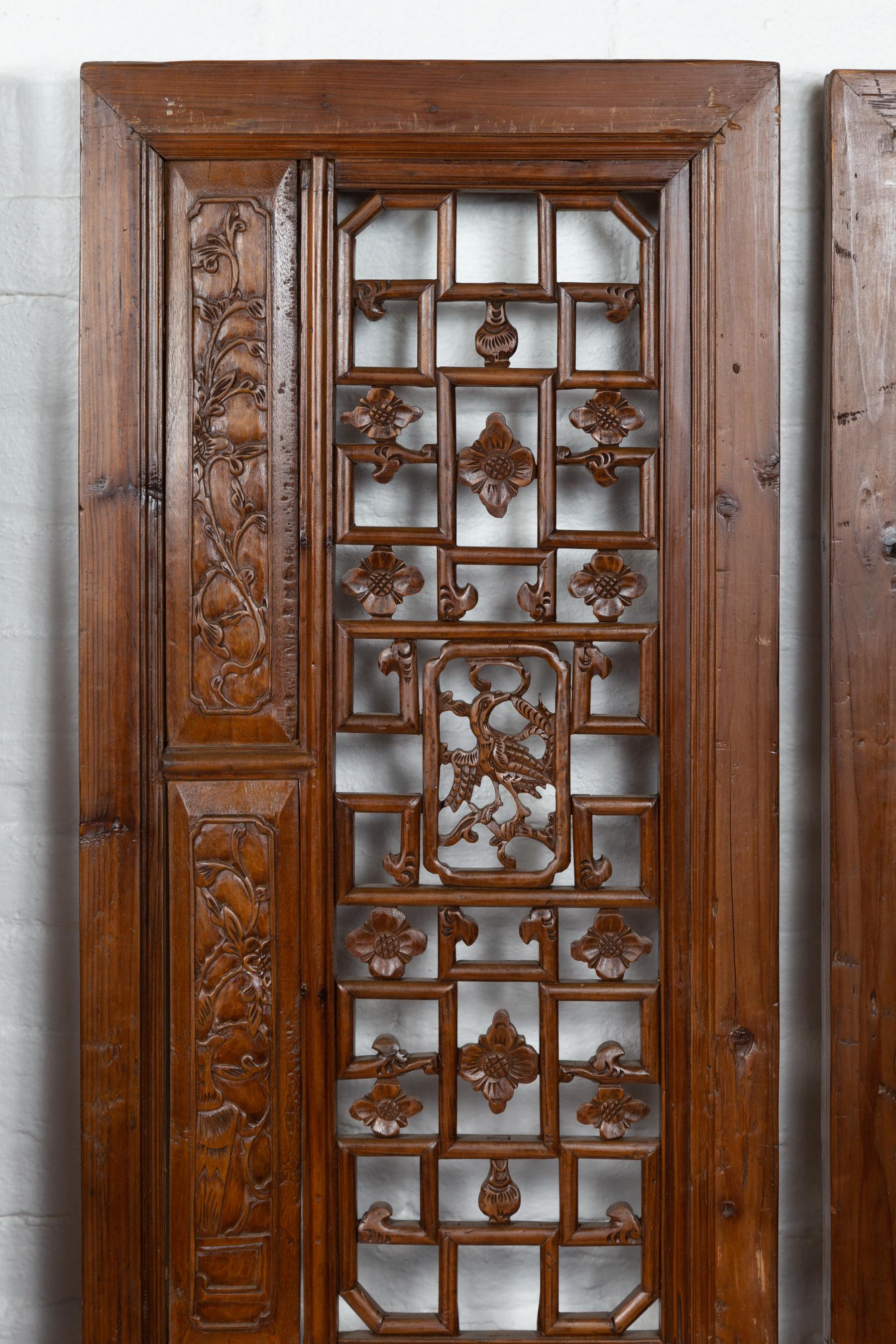 Asian Set of Four Carved Elm Screen Panels with Fretwork, Foliage and Floral Motifs For Sale