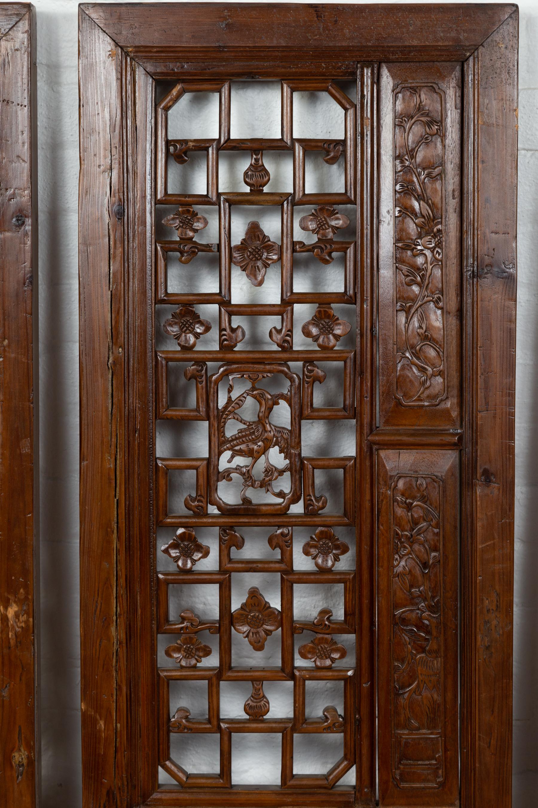 Set of Four Carved Elm Screen Panels with Fretwork, Foliage and Floral Motifs For Sale 1