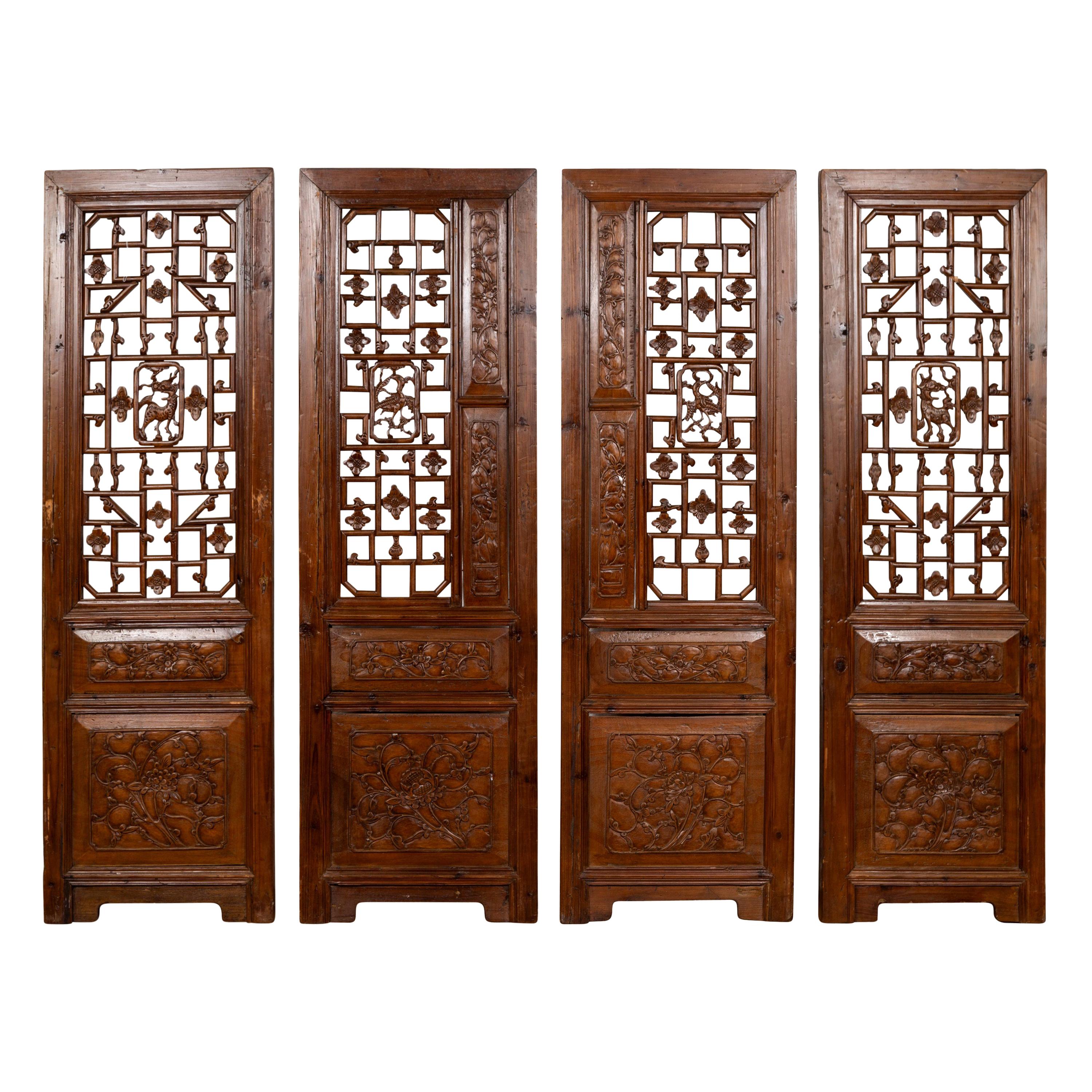 Set of Four Carved Elm Screen Panels with Fretwork, Foliage and Floral Motifs