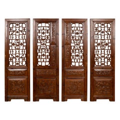 Set of Four Carved Elm Screen Panels with Fretwork, Foliage and Floral Motifs