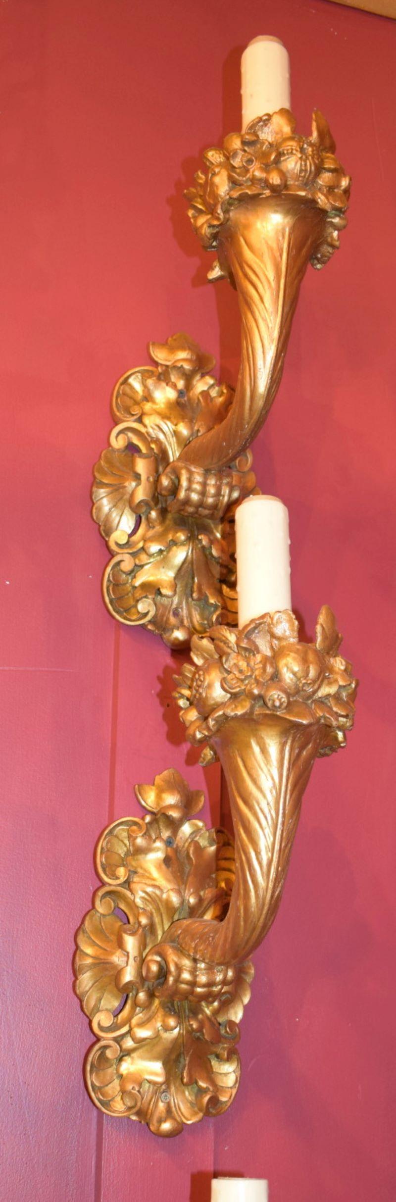 French Set of Four Carved & Gilt Wood Wall Sconces For Sale