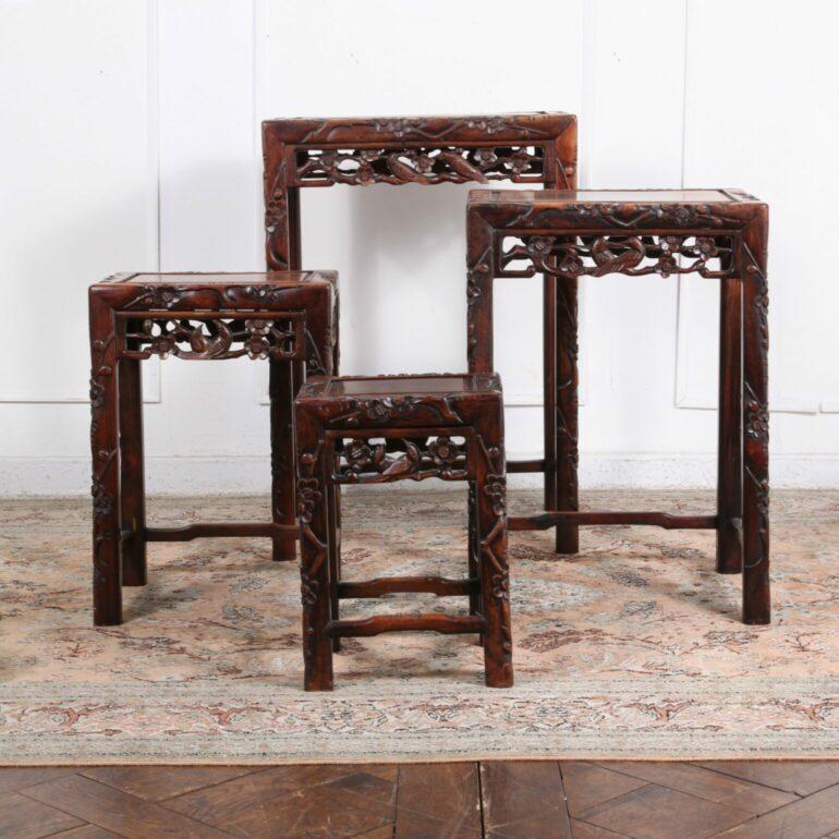 Set of Four Carved Solid Exotic Wood Chinese Nesting Tables In Good Condition In Vancouver, British Columbia