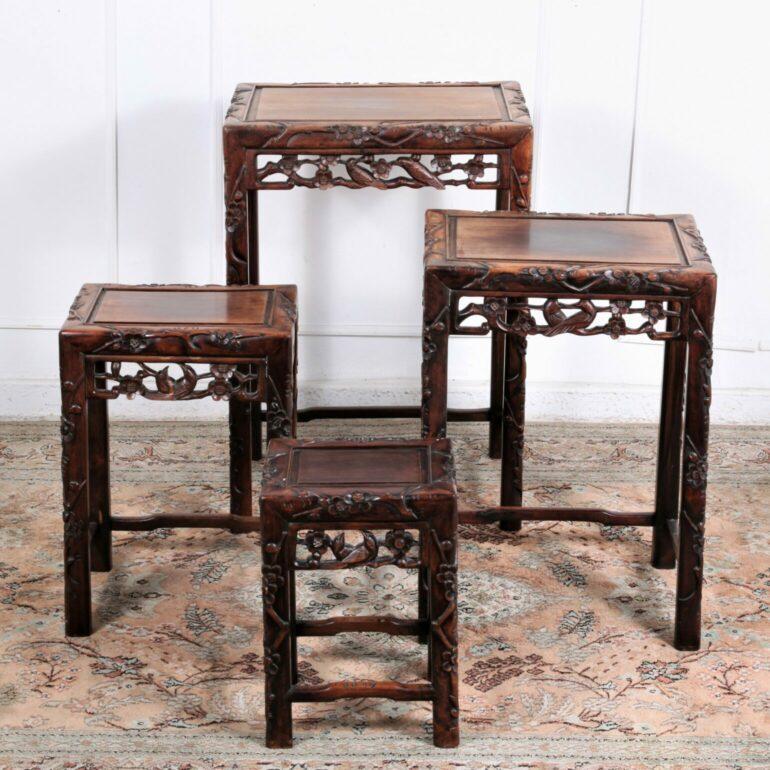 19th Century Set of Four Carved Solid Exotic Wood Chinese Nesting Tables
