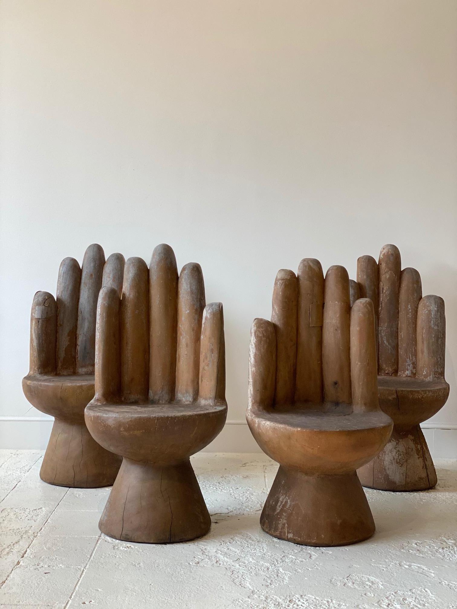 Mid-20th Century Set of Four Carved Wooden Hand Chairs
