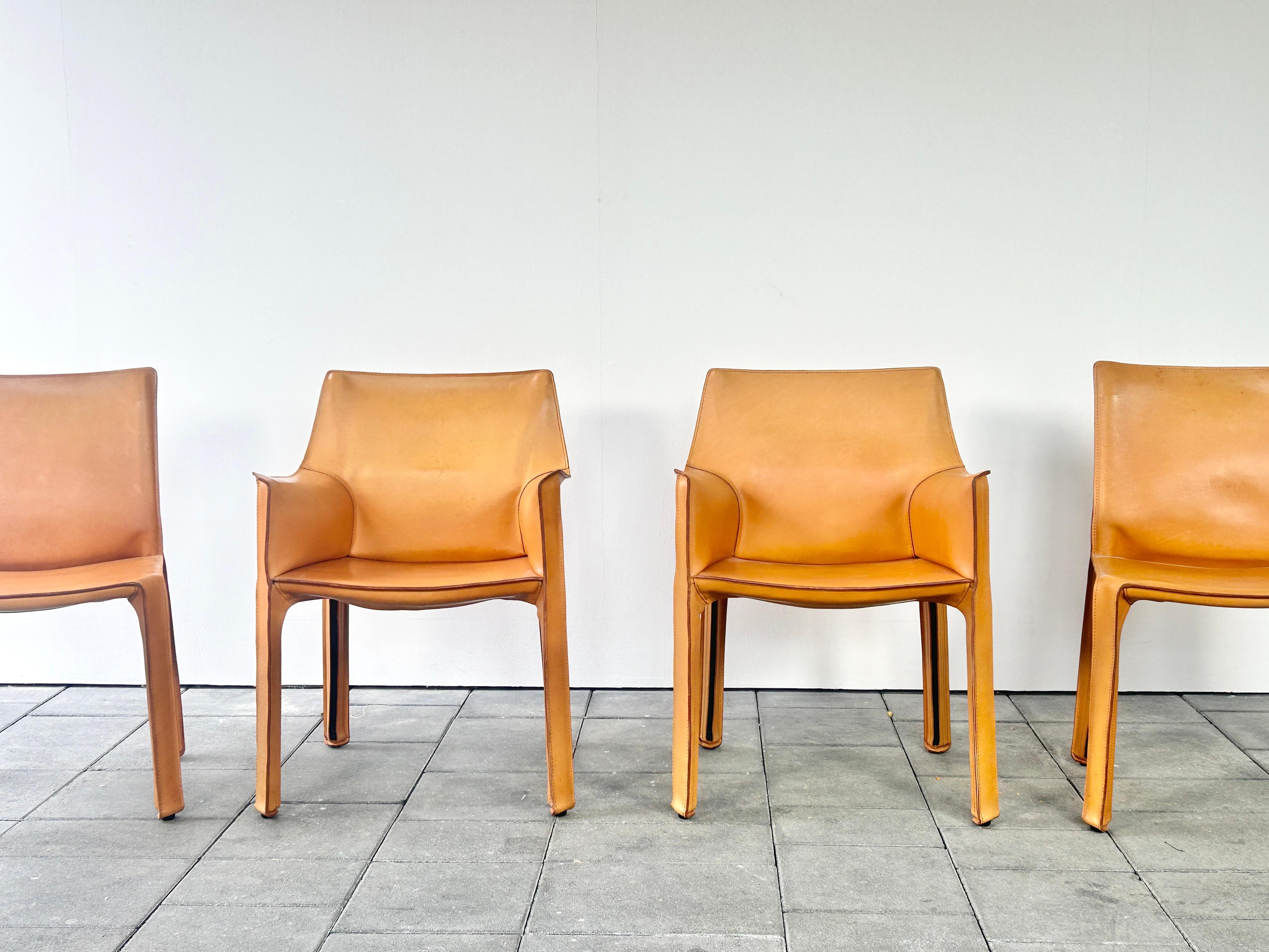 Post-Modern Set of four Cassina Cab Chairs Designed by Mario Bellini 1978 in Natural Leather For Sale