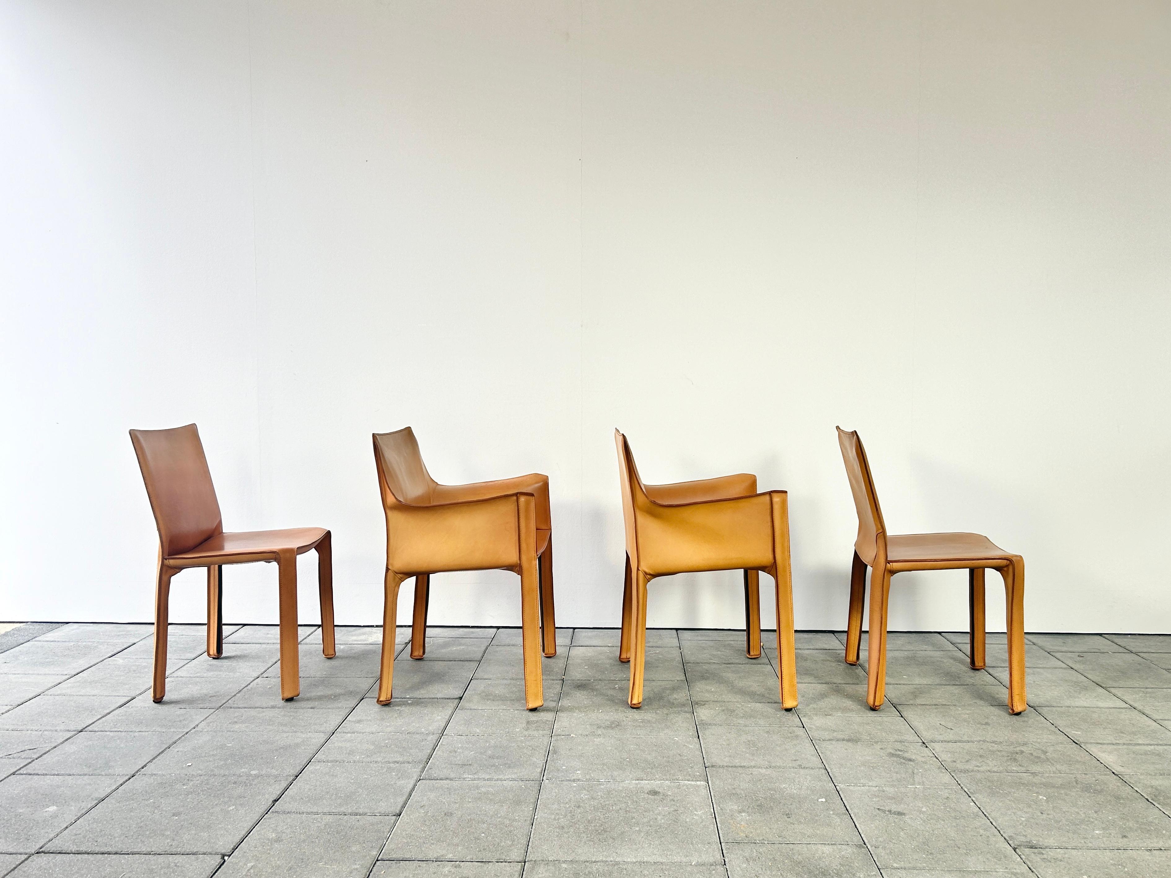 Metal Set of four Cassina Cab Chairs Designed by Mario Bellini 1978 in Natural Leather For Sale
