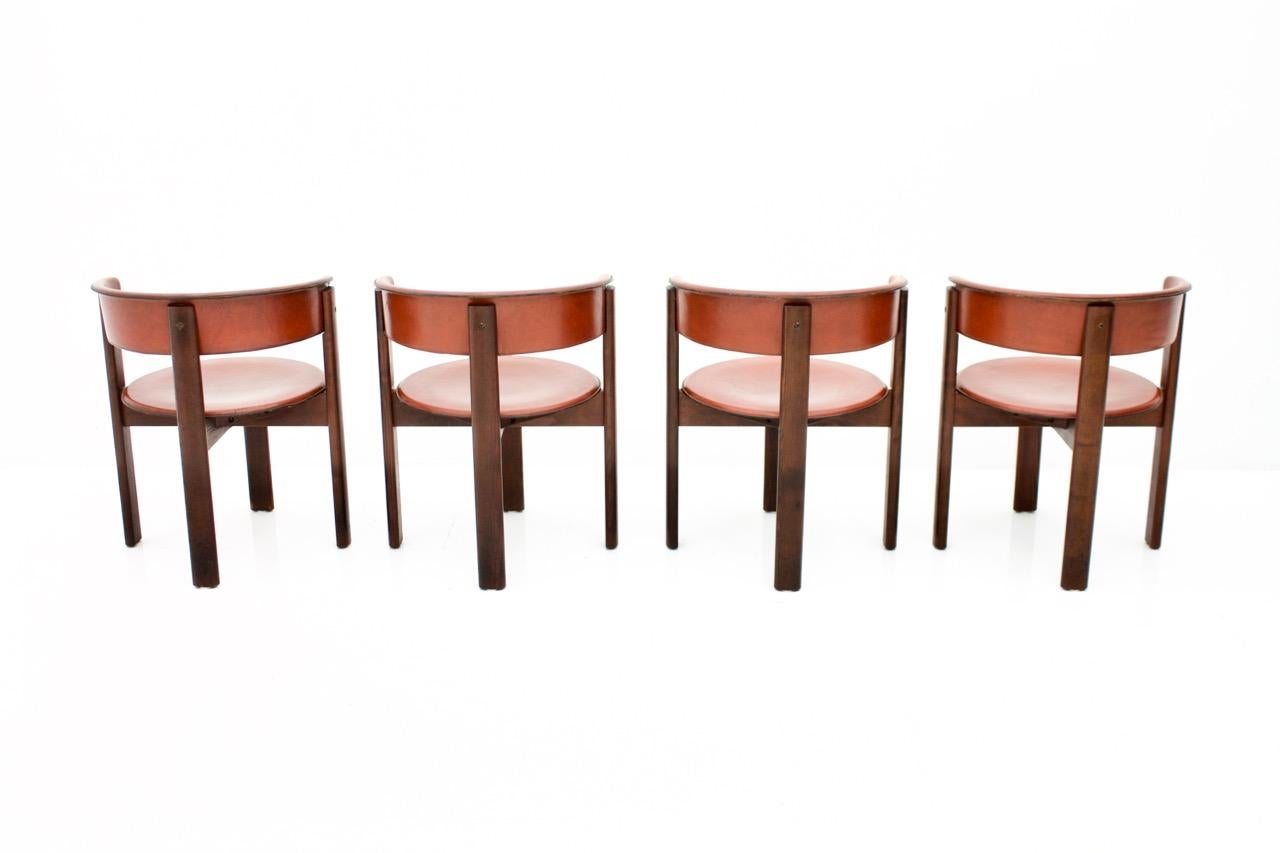 Italian Set of Four Cassina Dining Room Chairs in Red Leather Italy, 1970s