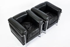 Set of Four Cassina LC2 Black Leather Petit Lounge Chairs by Le Corbusier