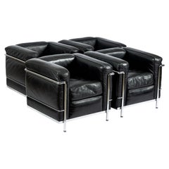 Set of Four Cassina LC2 Black Leather Petit Lounge Chairs by Le Corbusier
