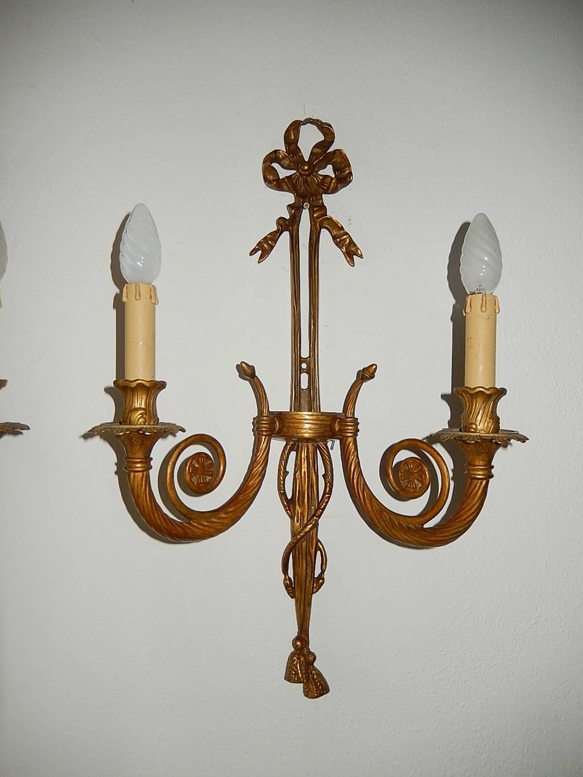 Rare set of four. Housing two-light each, Will be rewired with certified UL US sockets for the USA, appropriate sockets for all other countries and ready to hang. Heavy bronze with great detailing and patina. Free priority UPS shipping from Italy.