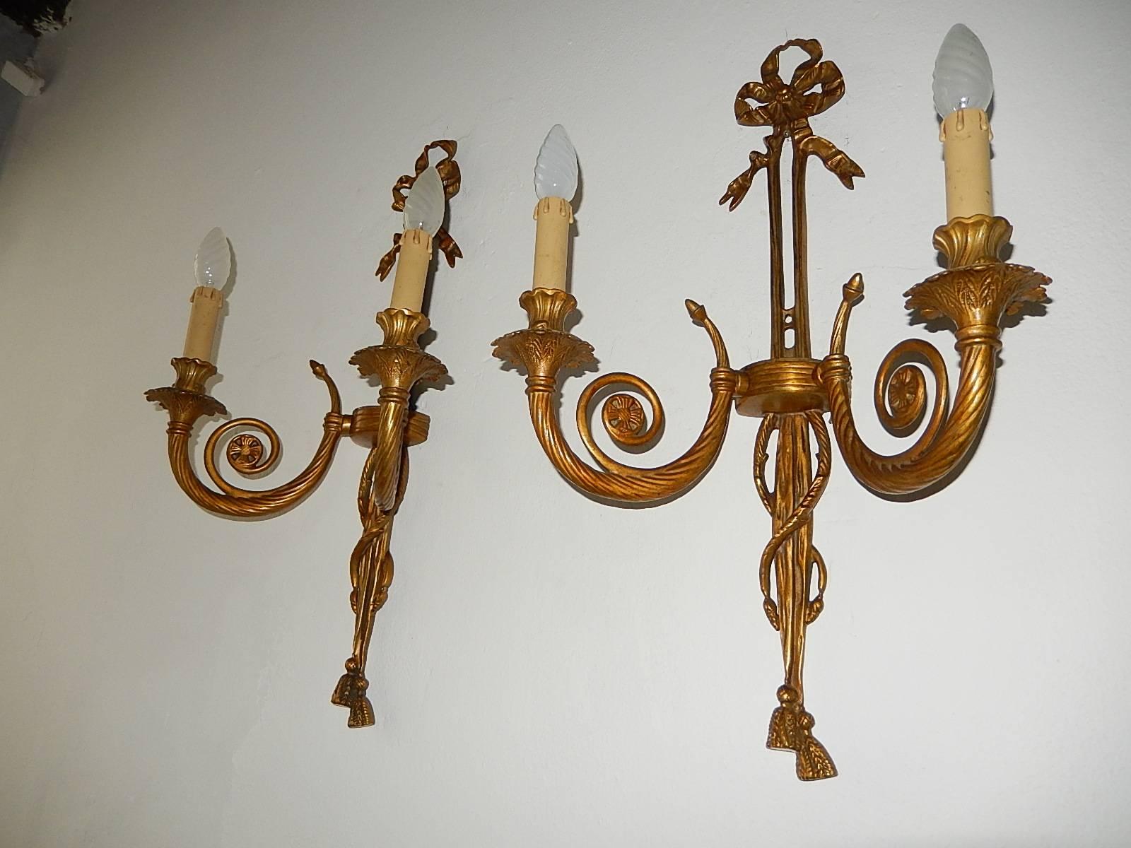 Directoire Set of Four Cast Bronze Bows and Tassels Sconces, circa 1900 For Sale