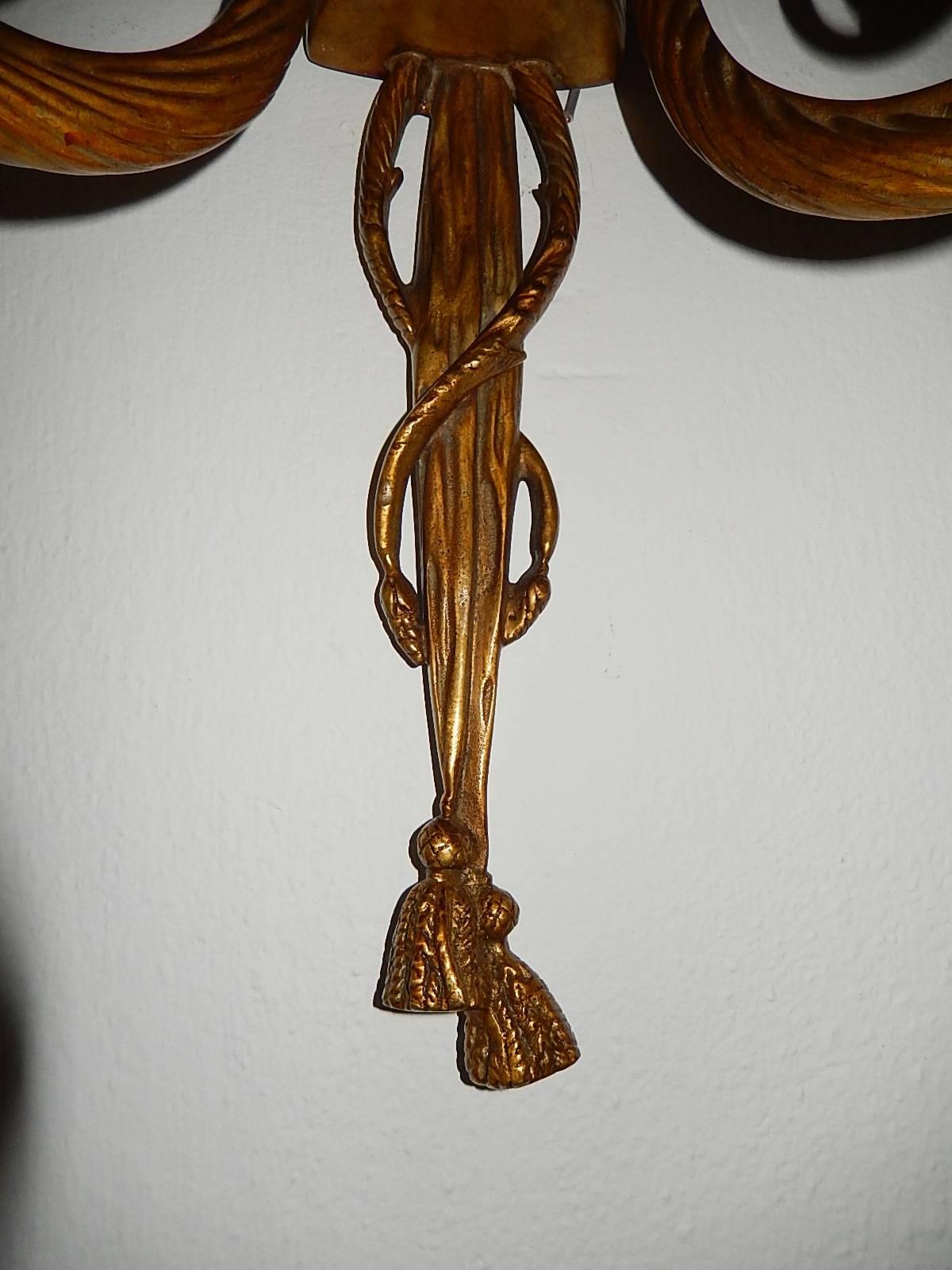 Early 20th Century Set of Four Cast Bronze Bows and Tassels Sconces, circa 1900 For Sale