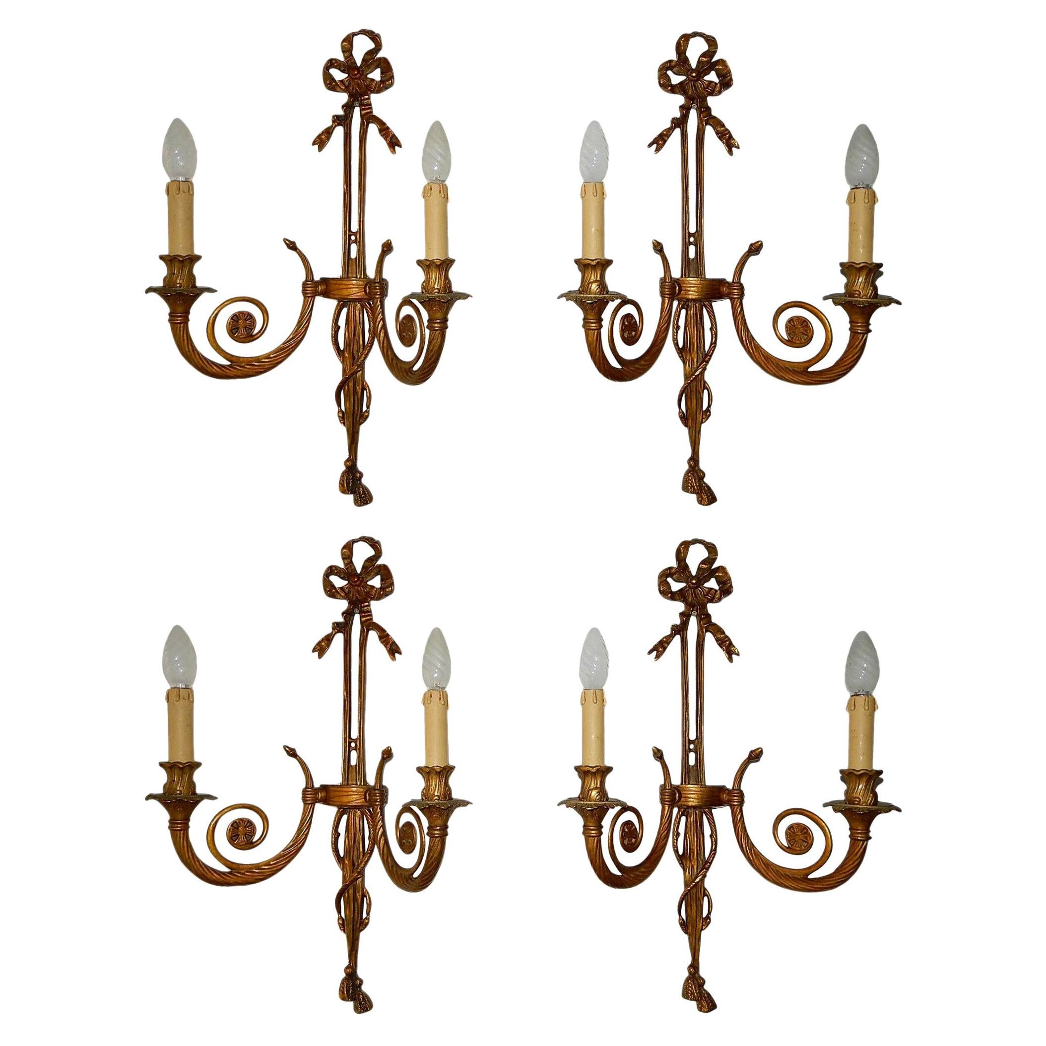 Set of Four Cast Bronze Bows and Tassels Sconces, circa 1900 For Sale