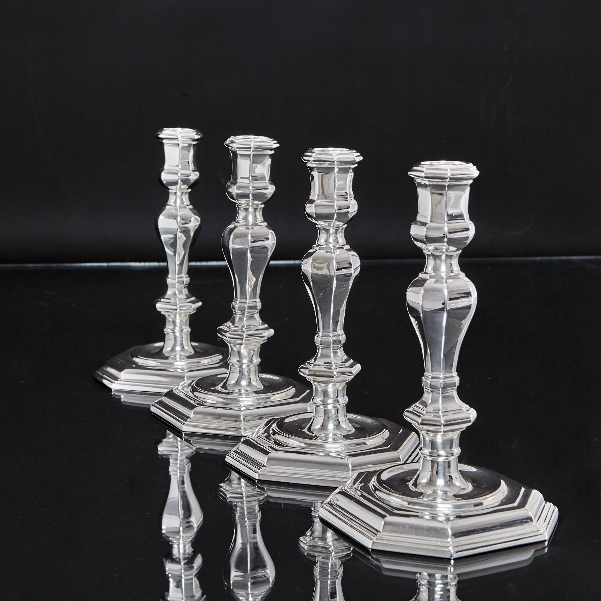 George I Set of Four Cast Silver Candlesticks For Sale