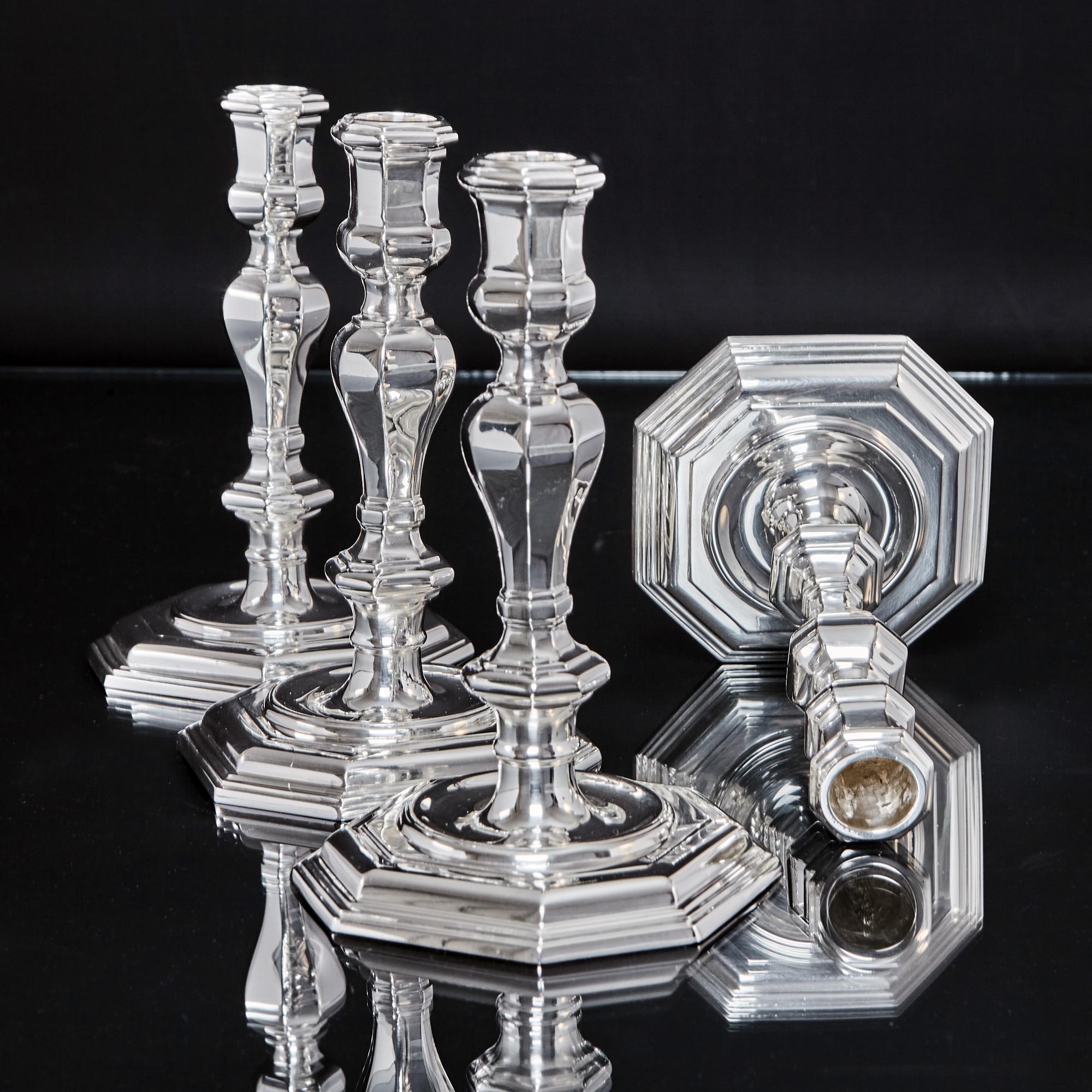Mid-20th Century Set of Four Cast Silver Candlesticks For Sale