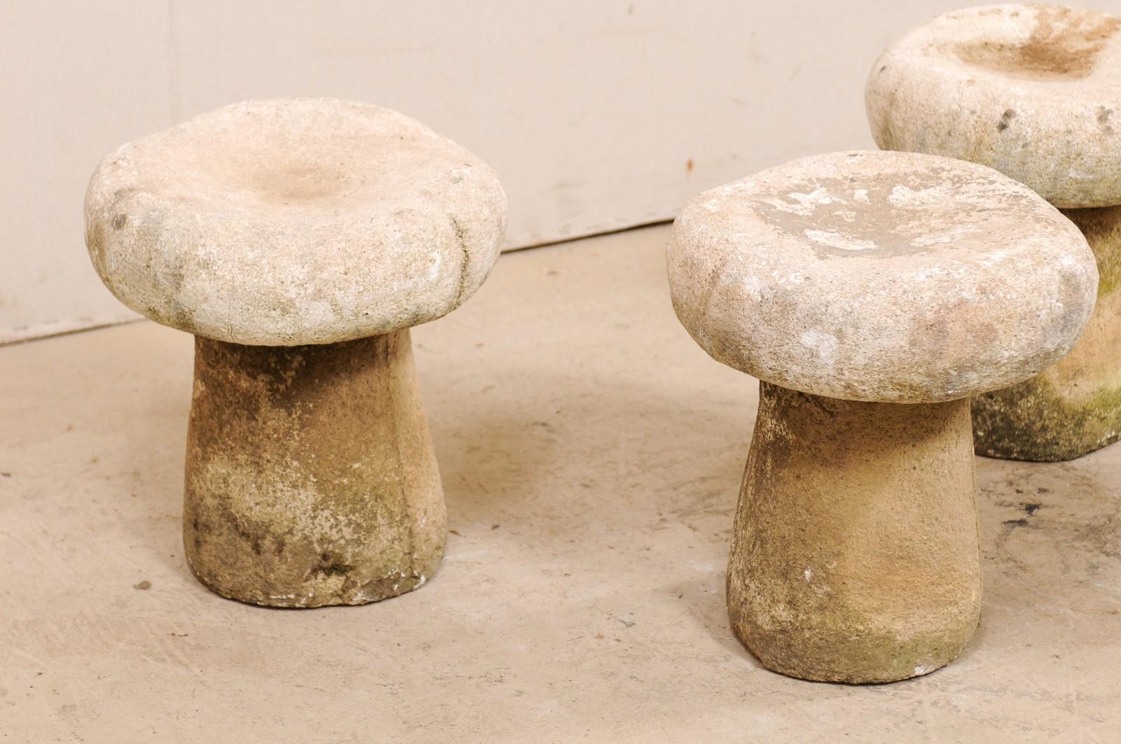 Patinated Set of Four Cast Stone French Mushroom Garden Stools