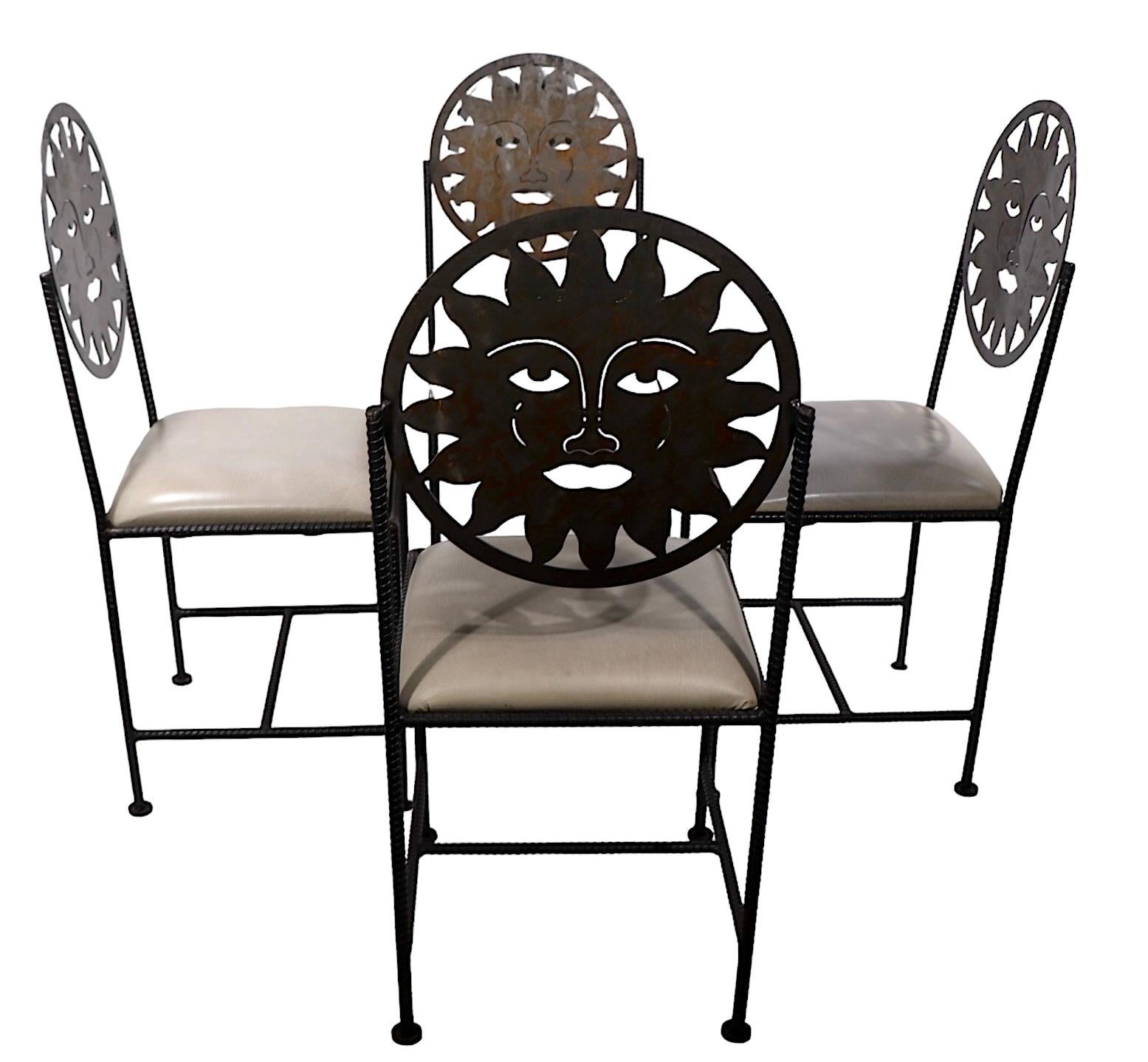 Set of Four Celestial Sun Face Metal  Dining Chairs Made in Mexico c 1990's 6