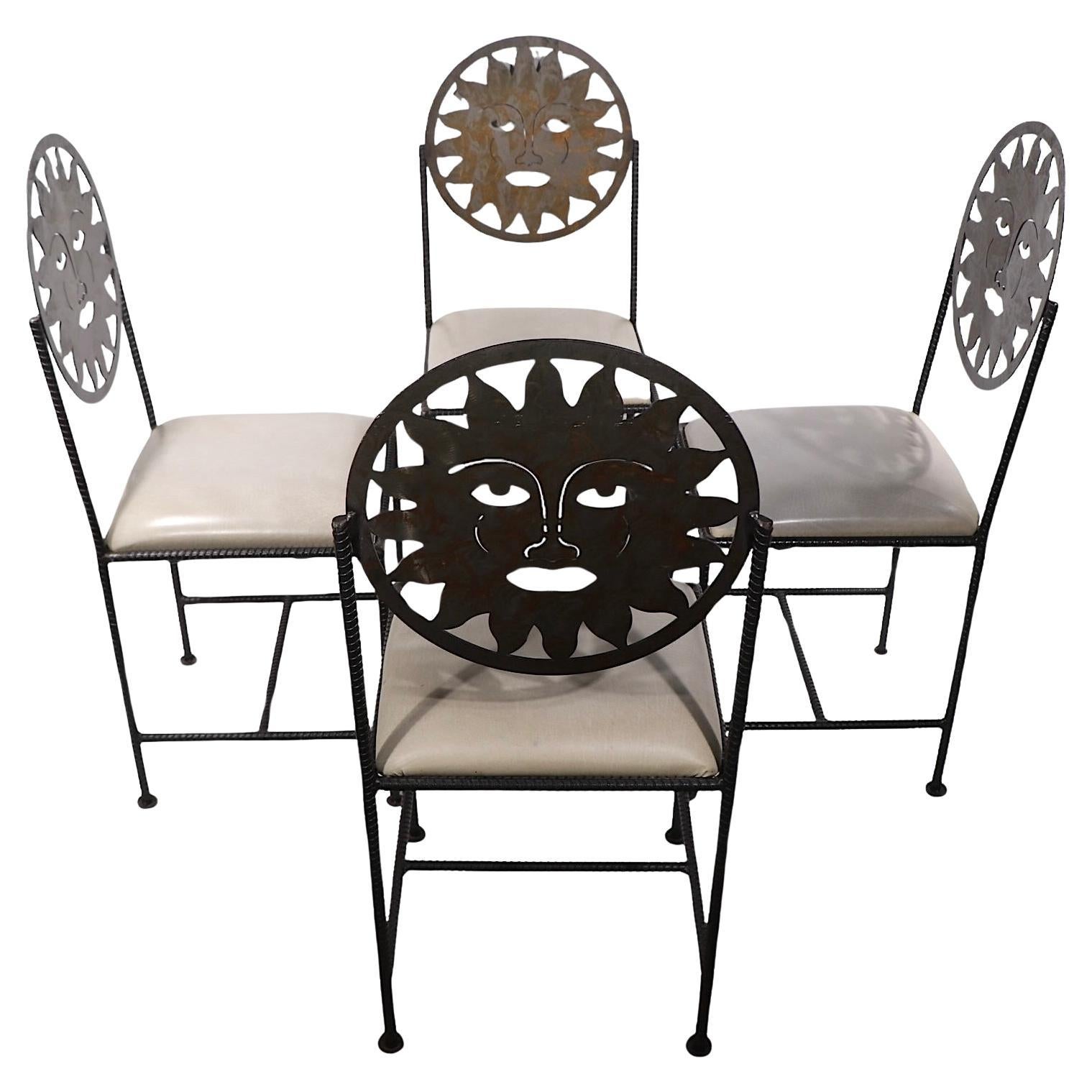 Set of Four Celestial Sun Face Metal  Dining Chairs Made in Mexico c 1990's