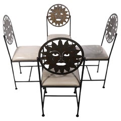 Set of Four Celestial Sun Face Metal  Dining Chairs Made in Mexico c 1990's