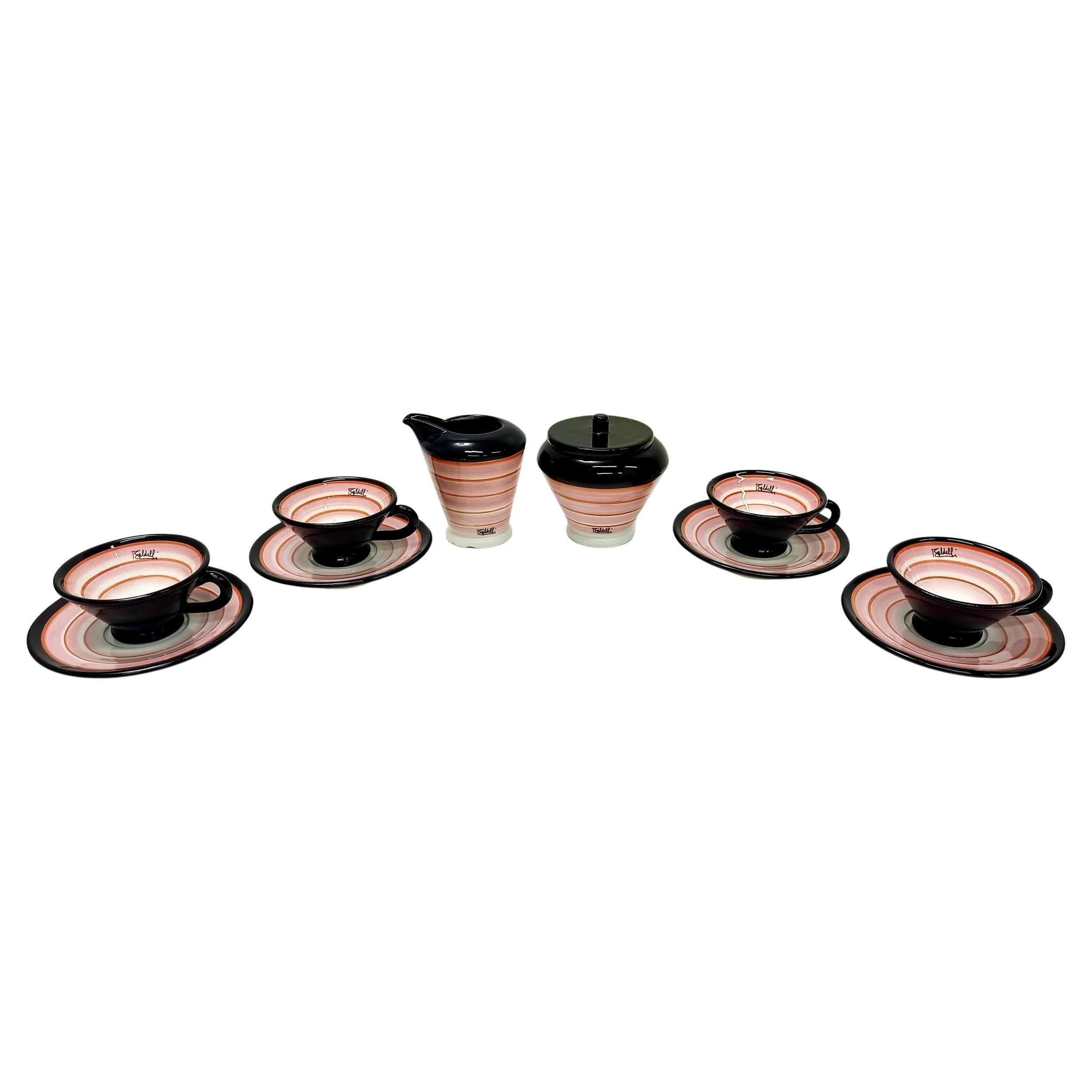 Juego de cuatro tazas de café de cerámica de Baldelli con lechera y azucarero, Italia