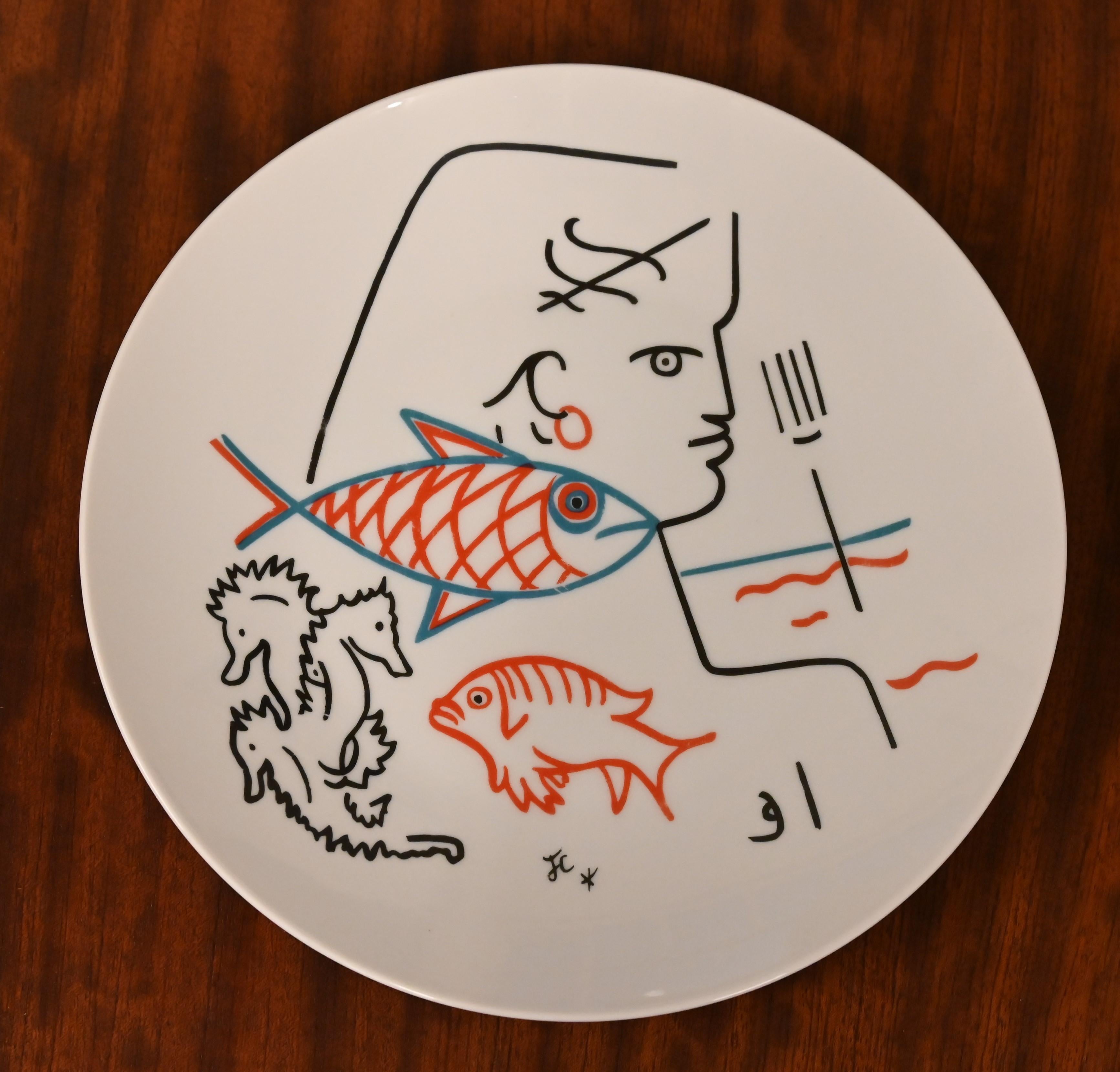 French Set of Four Ceramic Plates by Jean Cocteau, 1960s