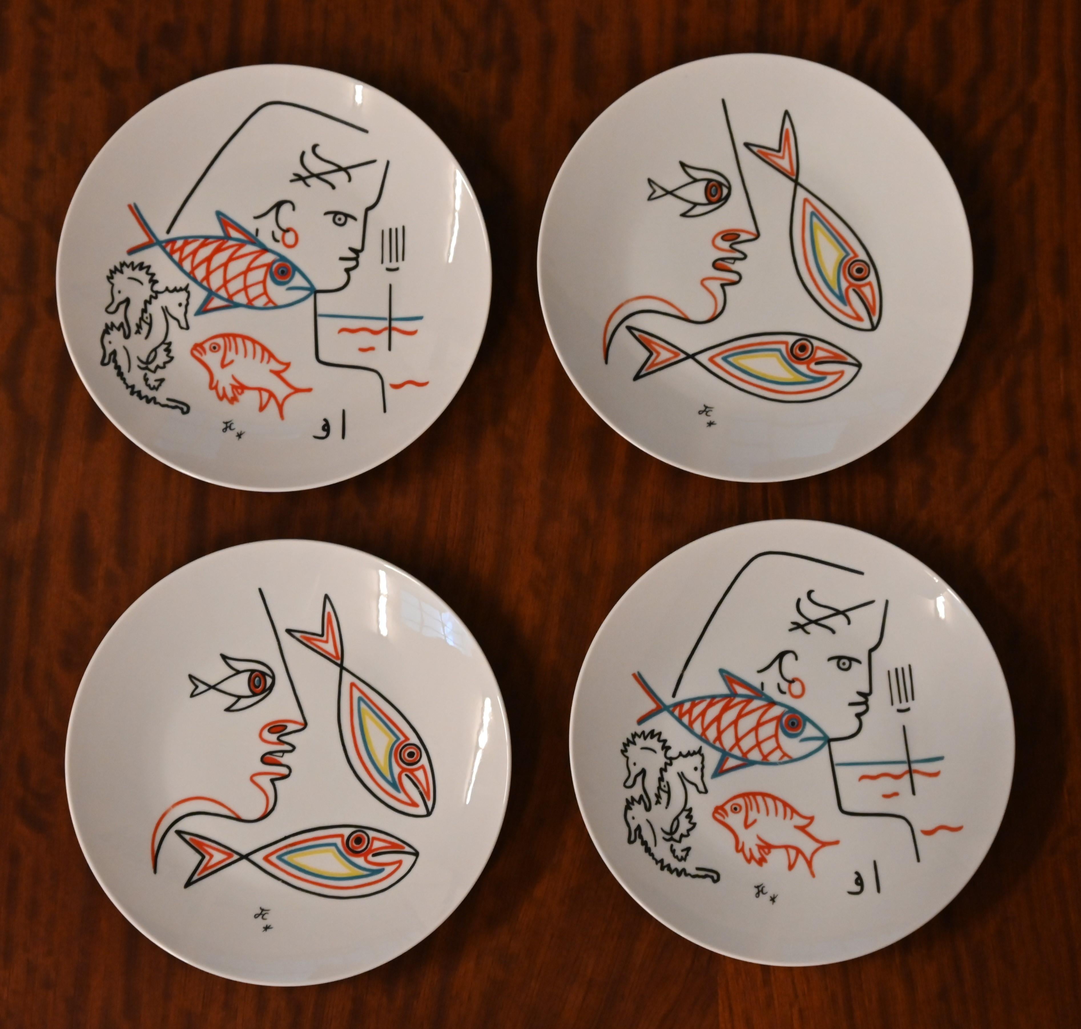 Mid-20th Century Set of Four Ceramic Plates by Jean Cocteau, 1960s