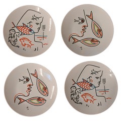 Ensemble de quatre assiettes en céramique de Jean Cocteau, années 1960