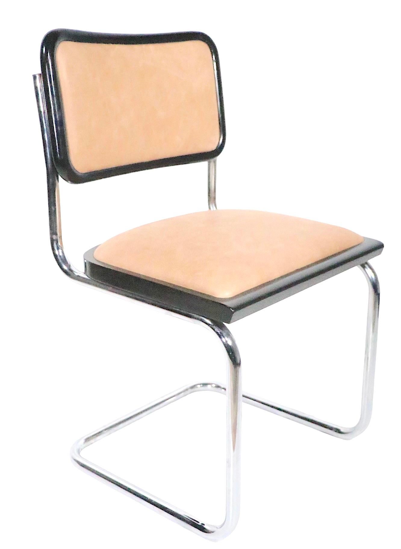 Exceptional set of four Cesca chairs, originally designed by Marcel Breuer circa 1920’s, these are later vintage examples, made in Italy circa 1970’s.
 The chairs are newly reupholstered in tan leather. All are in clean, ready to use condition,