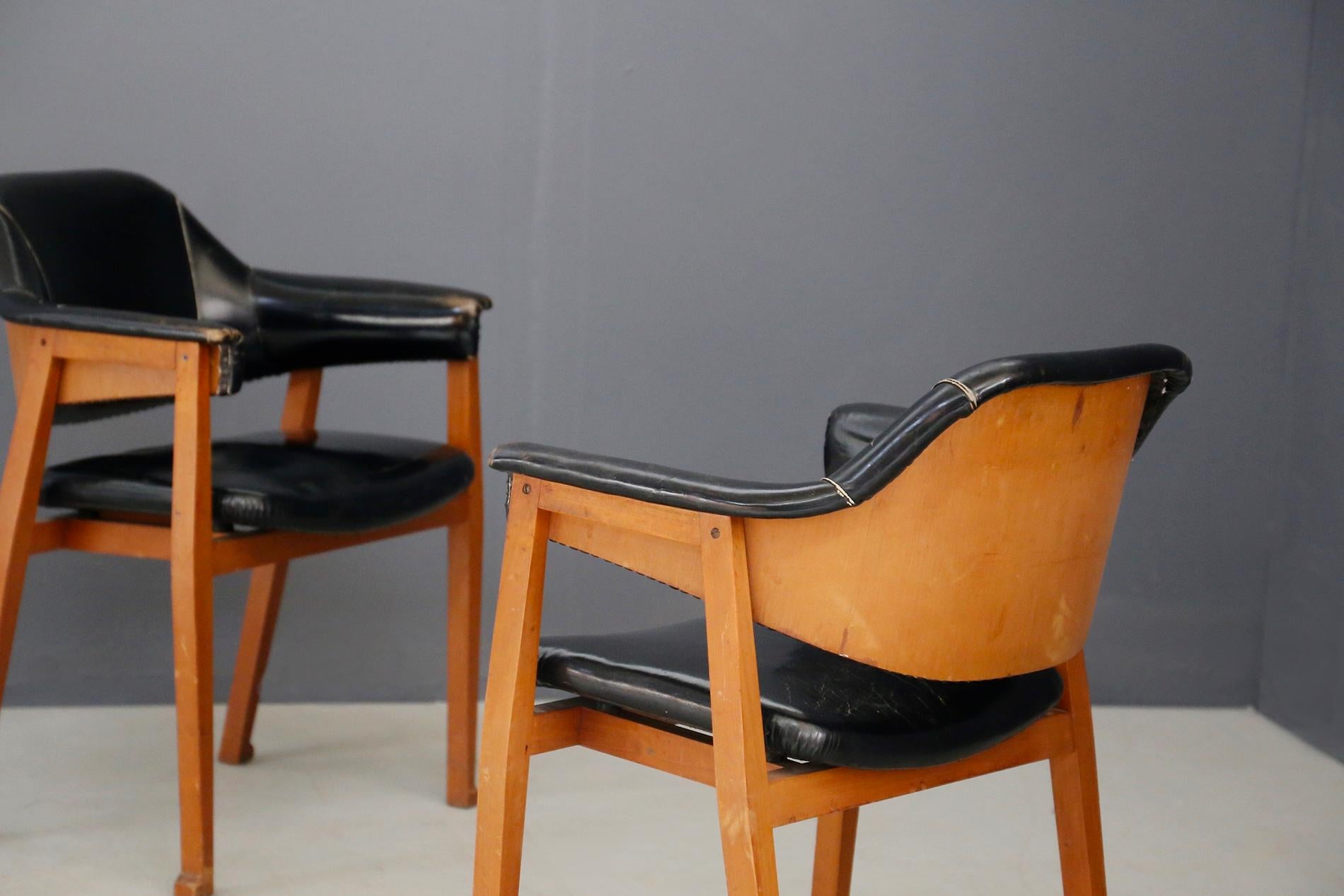 Set of Four Chair Attributed to BBPR in Wood and Black Leather, 1950s 5