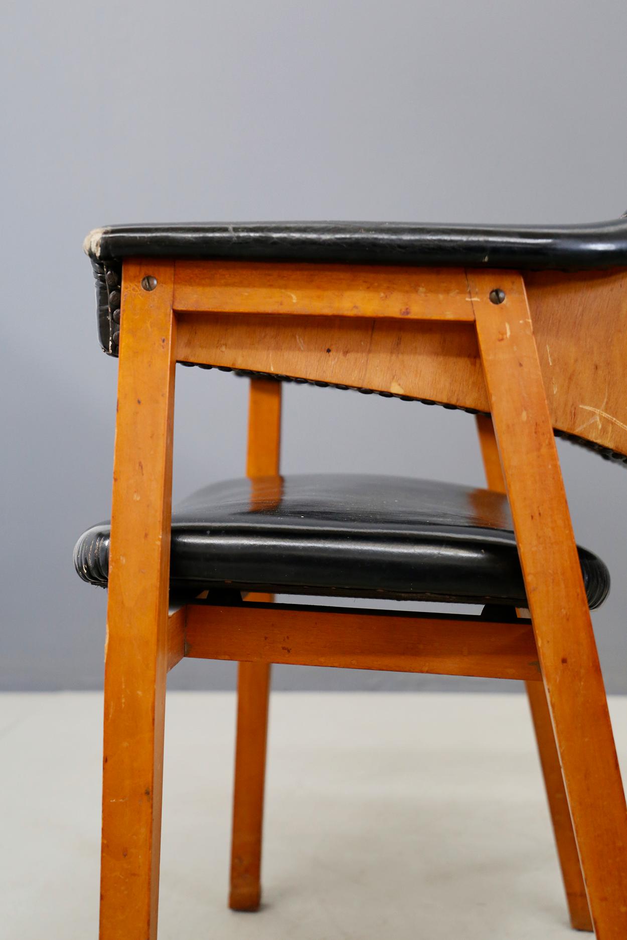 Italian Set of Four Chair Attributed to BBPR in Wood and Black Leather, 1950s