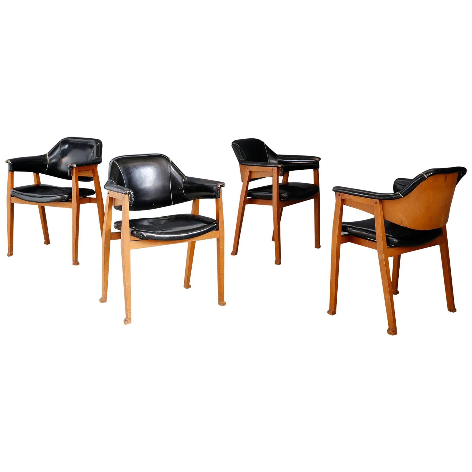 Set of Four Chair Attributed to BBPR in Wood and Black Leather, 1950s