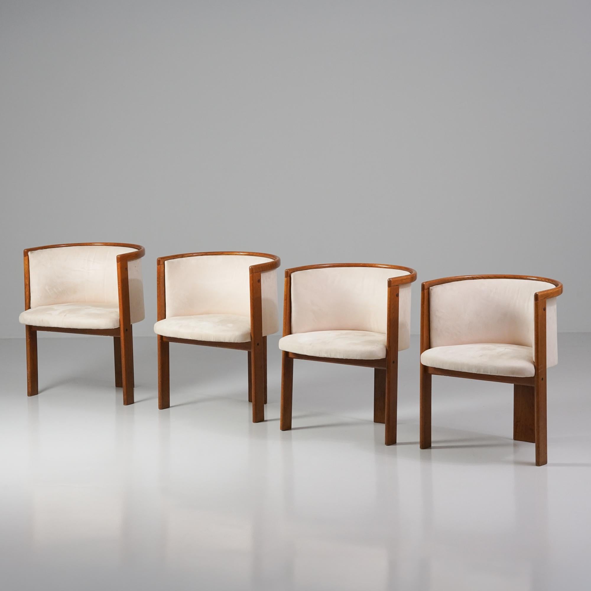 Set of four chairs, designed by Antti Nurmesniemi for Helsinki Central Railway Station, 1970s. Teak frame, later upholstered with alcantara -fabric. Good vintage condition, patina and minor wear on the fabric. The chairs are sold as a set. Ask more