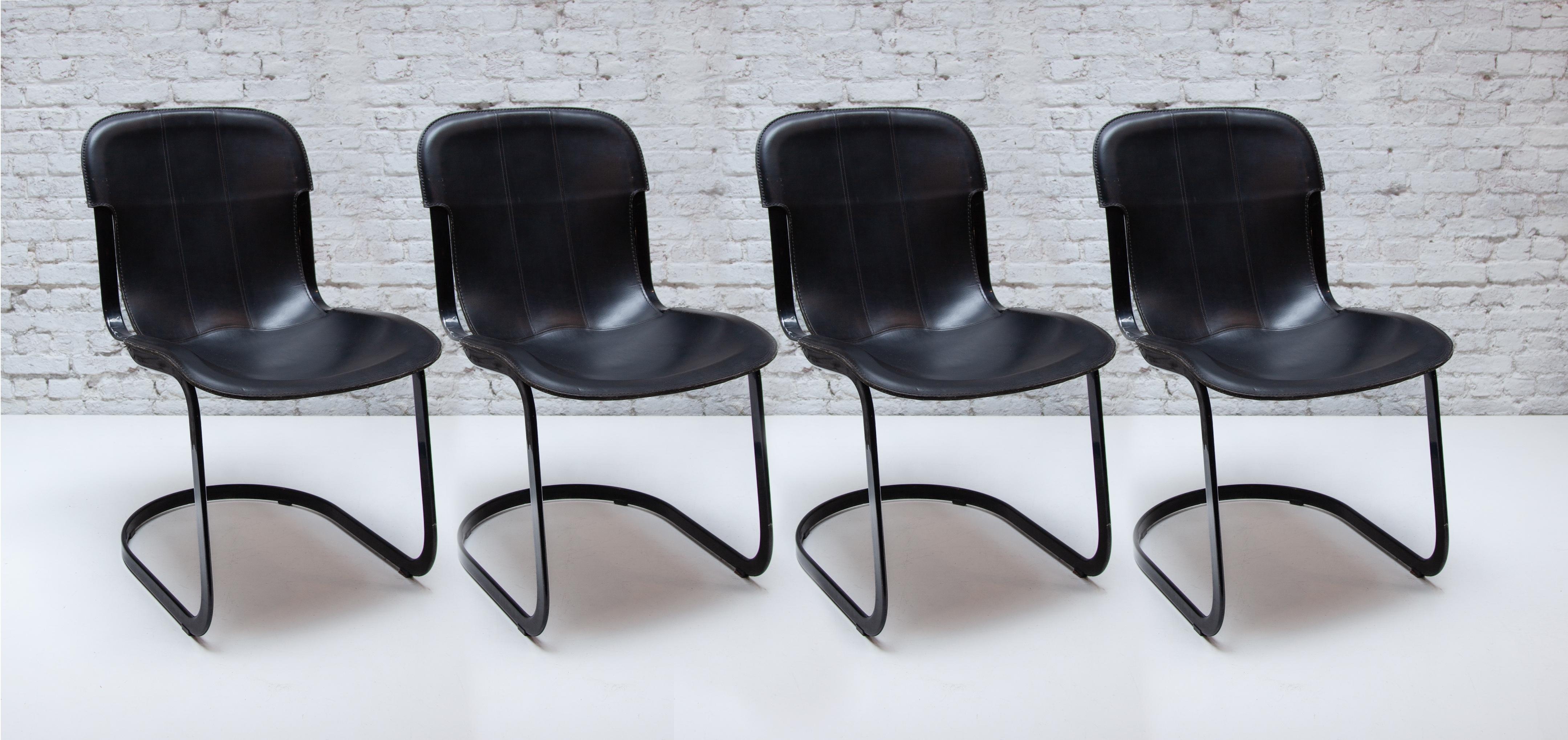 Italian Set of Four Chairs Black Leather and Metal by Designer Willy Rizzo for Cidue For Sale