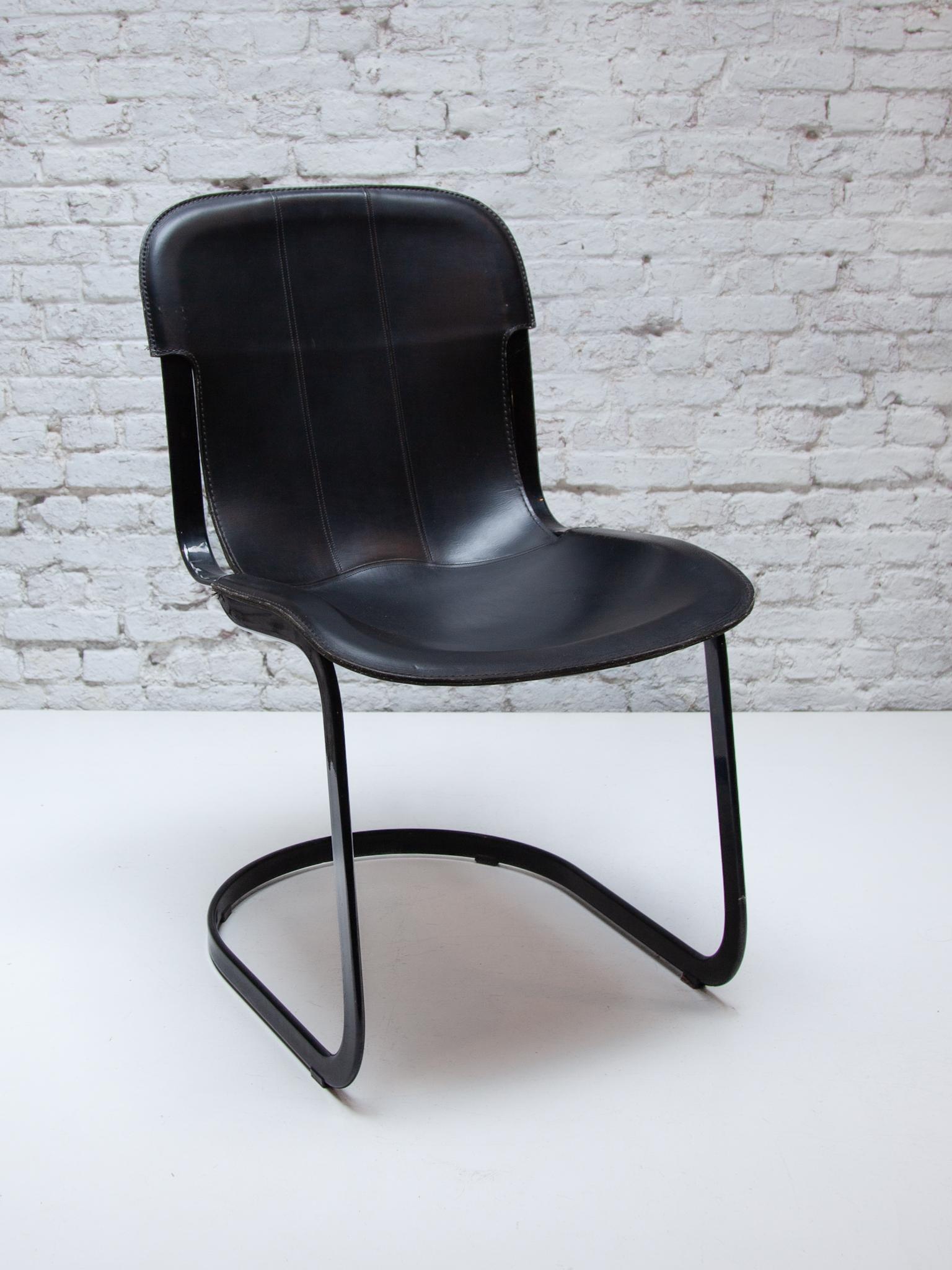 Set of Four Chairs Black Leather and Metal by Designer Willy Rizzo for Cidue In Good Condition For Sale In Antwerp, BE