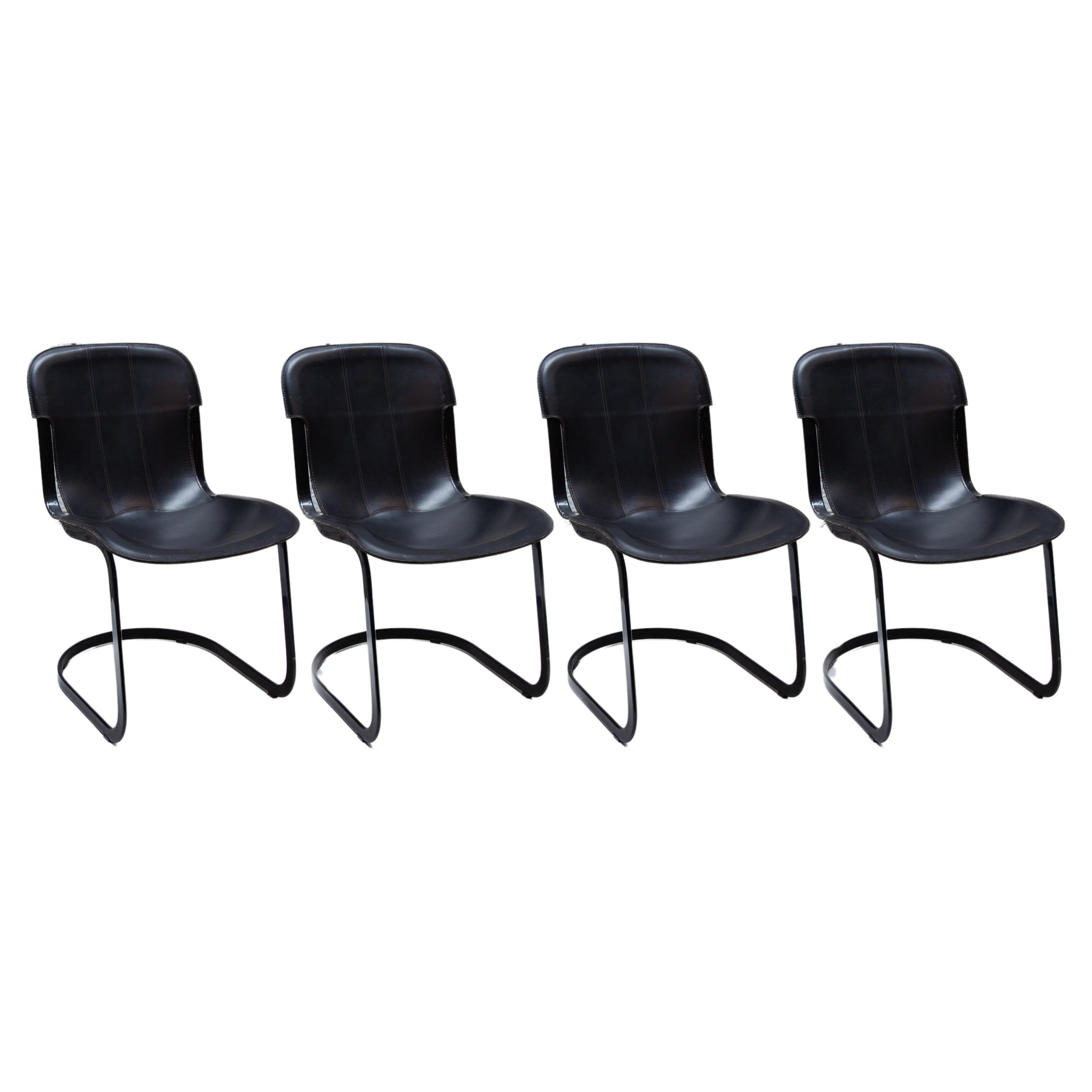 Set of Four Chairs Black Leather and Metal by Designer Willy Rizzo for Cidue For Sale