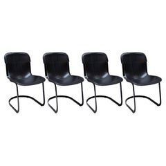 Set of Four Chairs Black Leather and Metal by Designer Willy Rizzo for Cidue