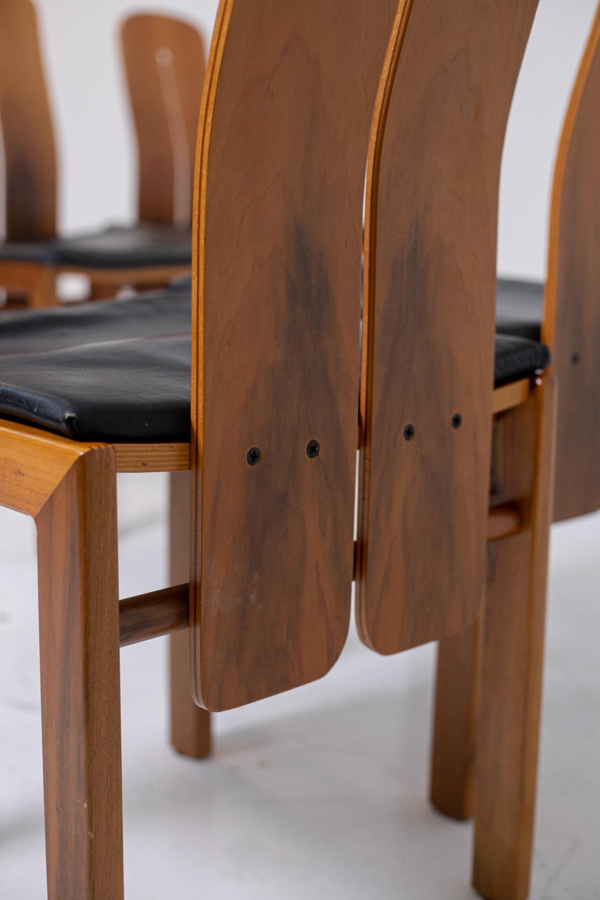 Set of Four Chairs by Carlo Scarpa in Black Leather and Wood, 1960s 4