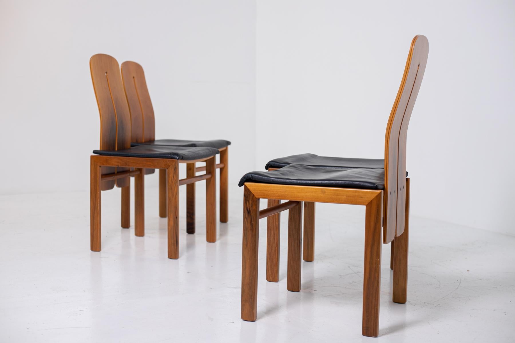 Set of Four Chairs by Carlo Scarpa in Black Leather and Wood, 1960s 6