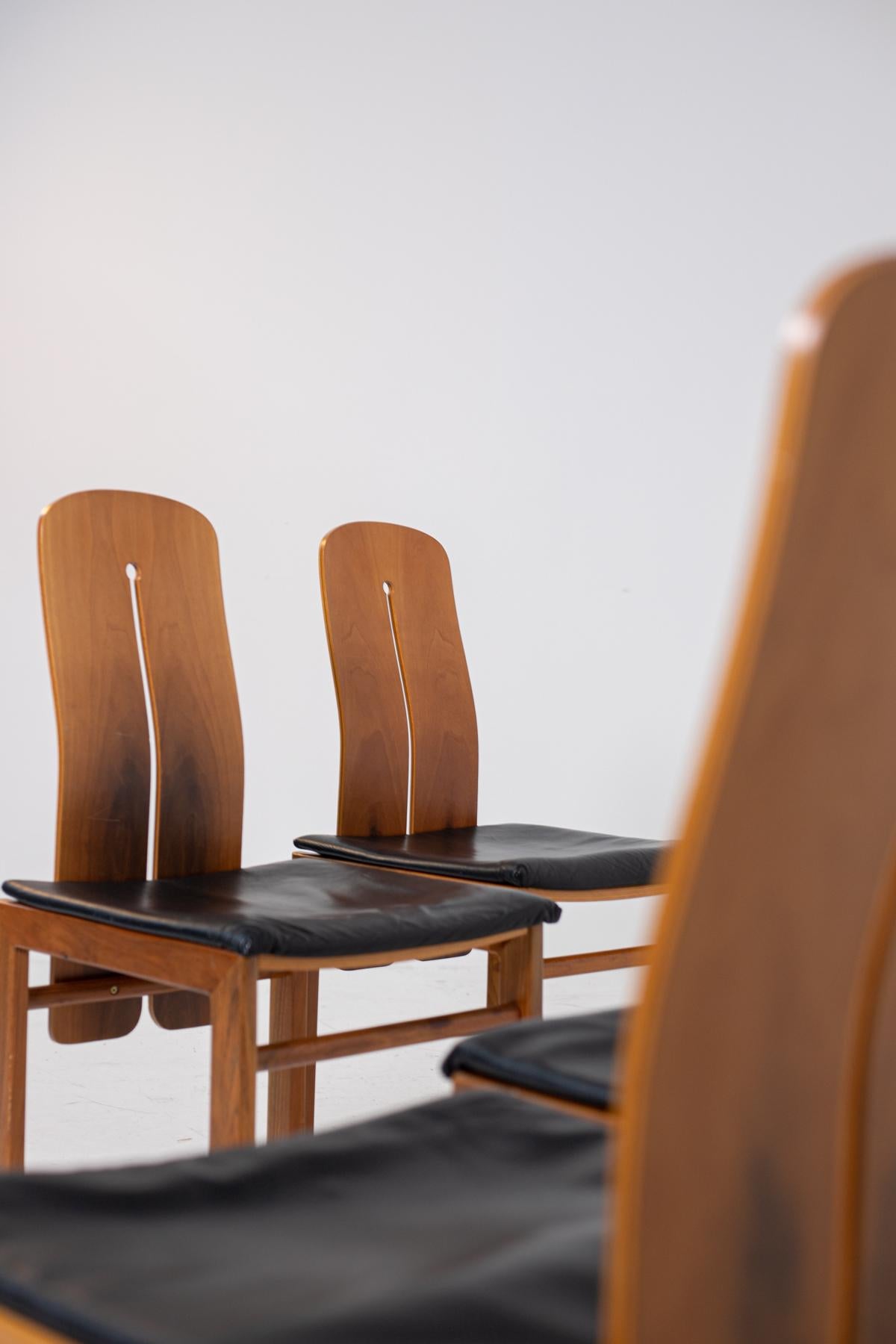 Set of Four Chairs by Carlo Scarpa in Black Leather and Wood, 1960s 2