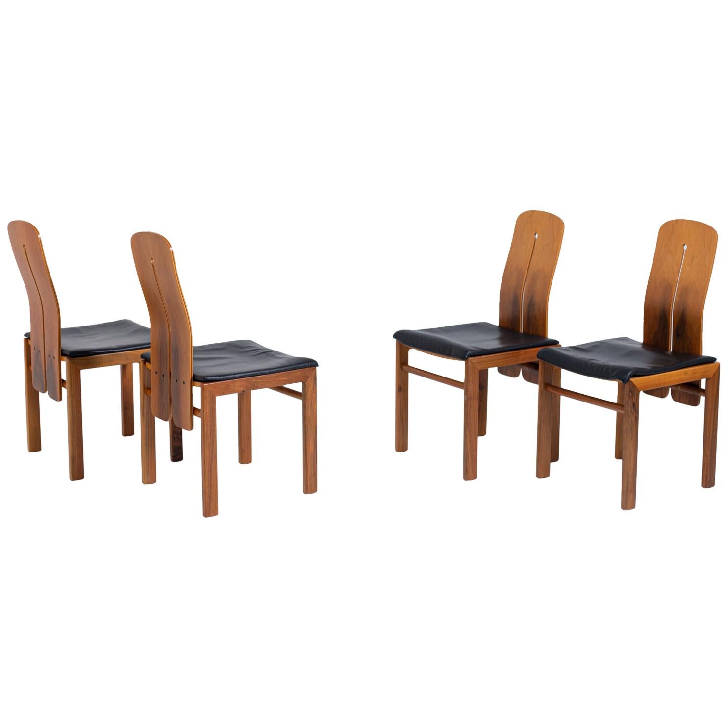 Set of Four Chairs by Carlo Scarpa in Black Leather and Wood, 1960s