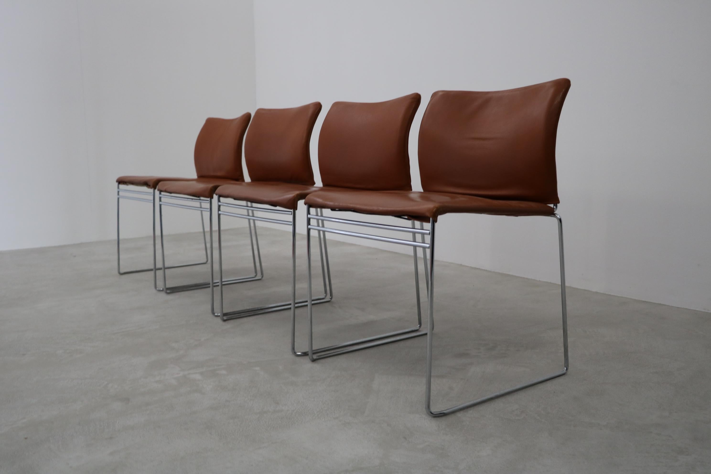 A set of four chairs model 'Jano' designed by Kazuhide Takahama, produced by Simon Gavina in cogac leather.
The chairs are in a beautiful vintage condition with slight signs of use-they are stackable. Larger quantity in stock!