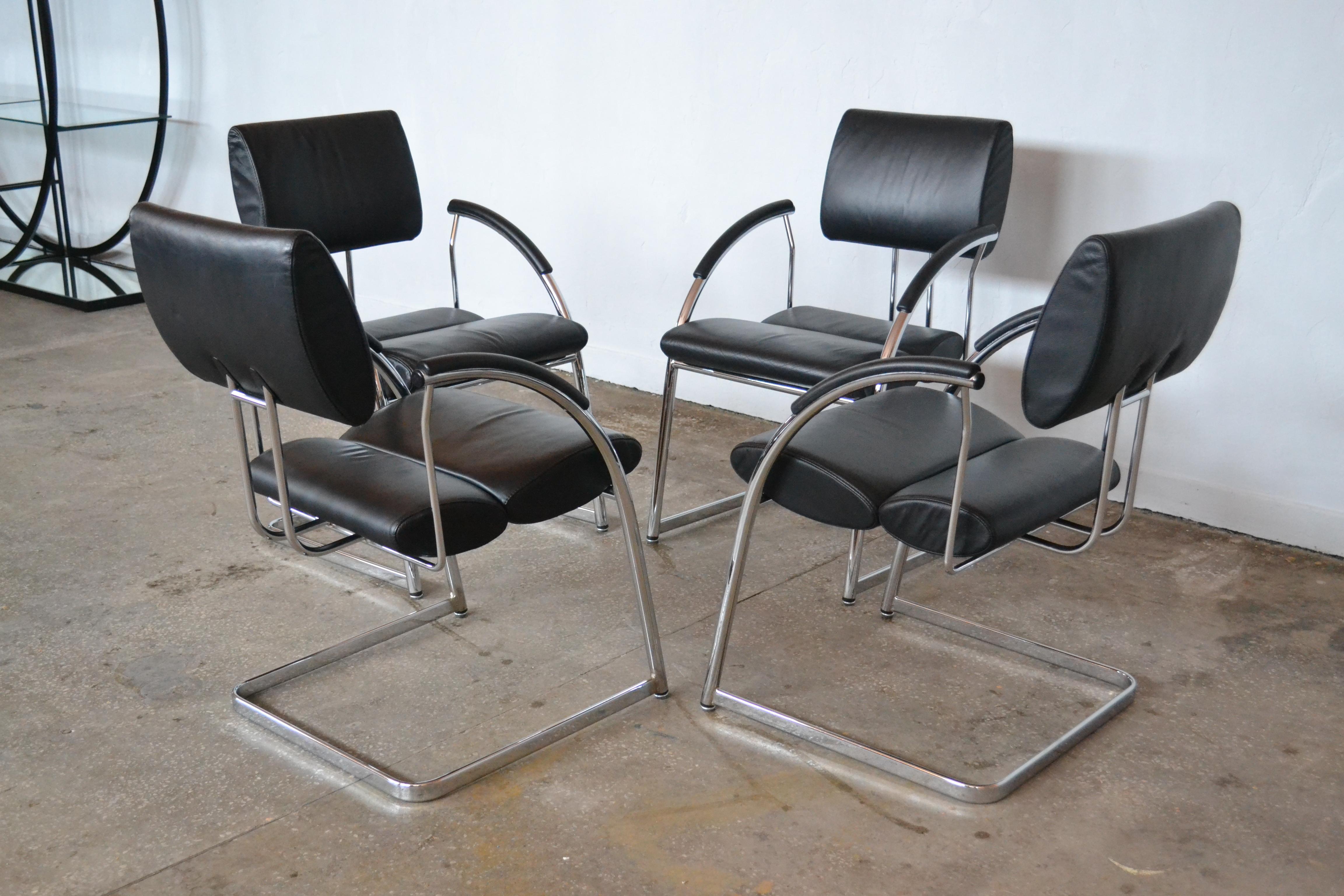 A set of four Martin Stoll chairs from the 1990s. Fully original, signed. The chairs are perfectly made of top-quality natural leather and chrome-plated steel. An attractive, timeless form.