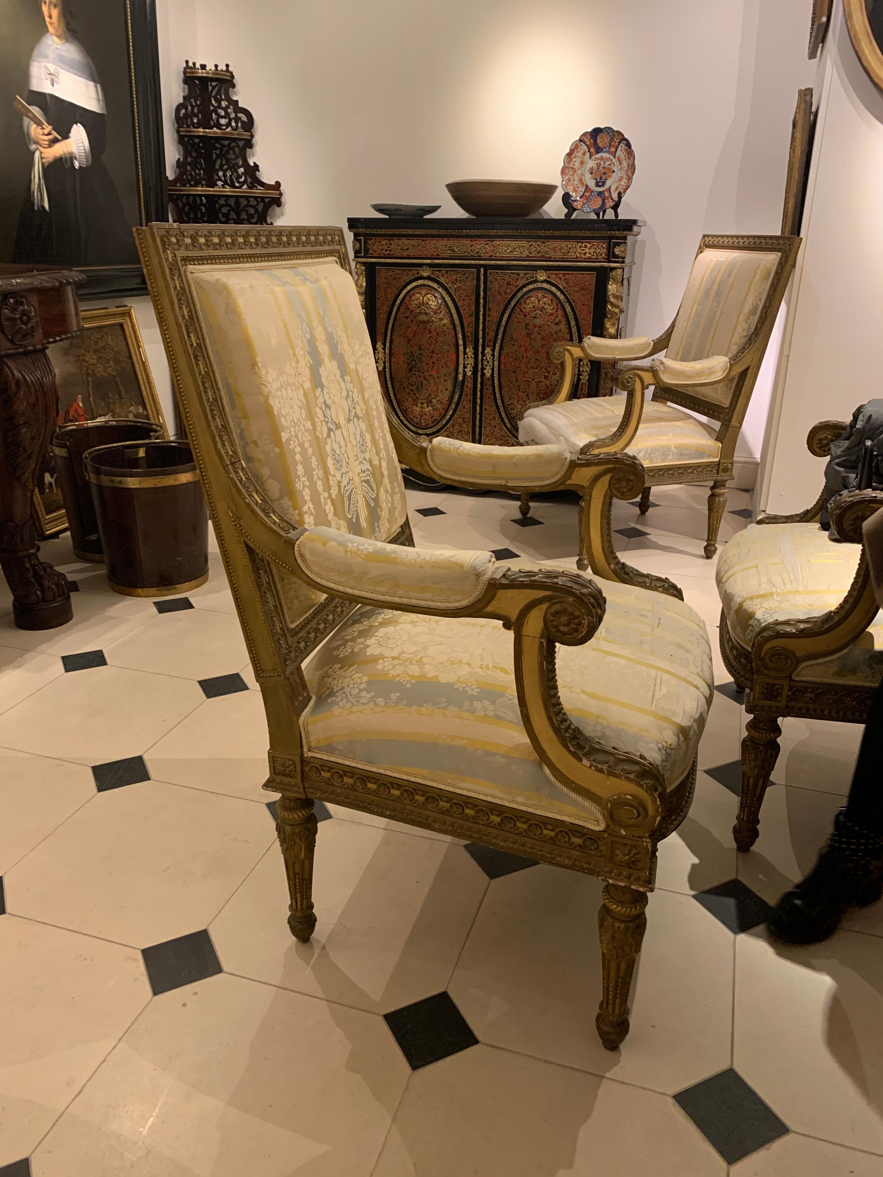 Set of Four Chairs or Pair of Chairs
French Louis XV Salon Chairs, ornately carved with original gilding. Covered in lemon damask at present - in need reupholstering.

Price for set; £12,500
Price for a Pair; £6,800