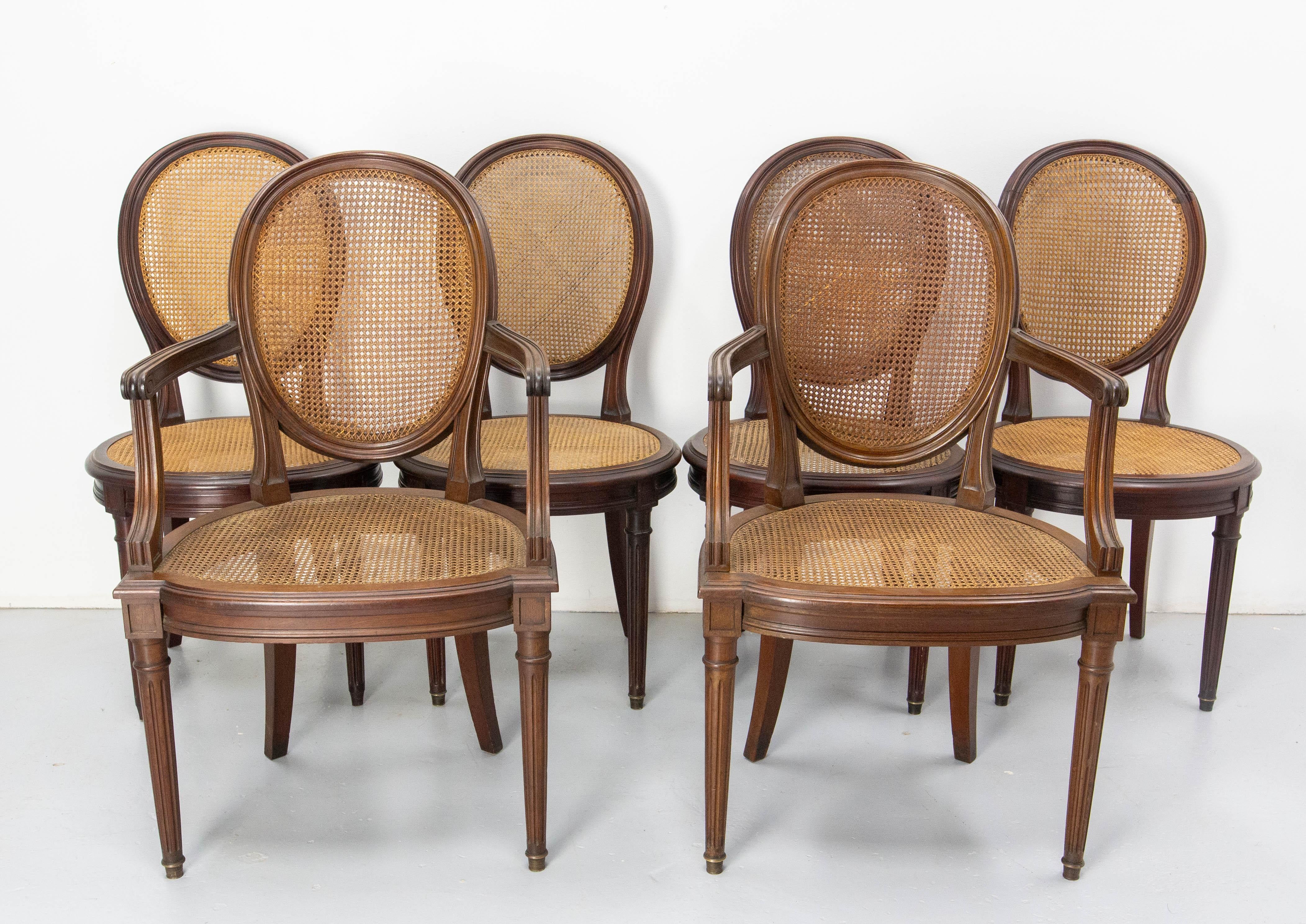 Mid-Century Modern Set of Four Chairs & Two Armchairs Wood  & Cane Louis XVI St, French, circa 1900 For Sale