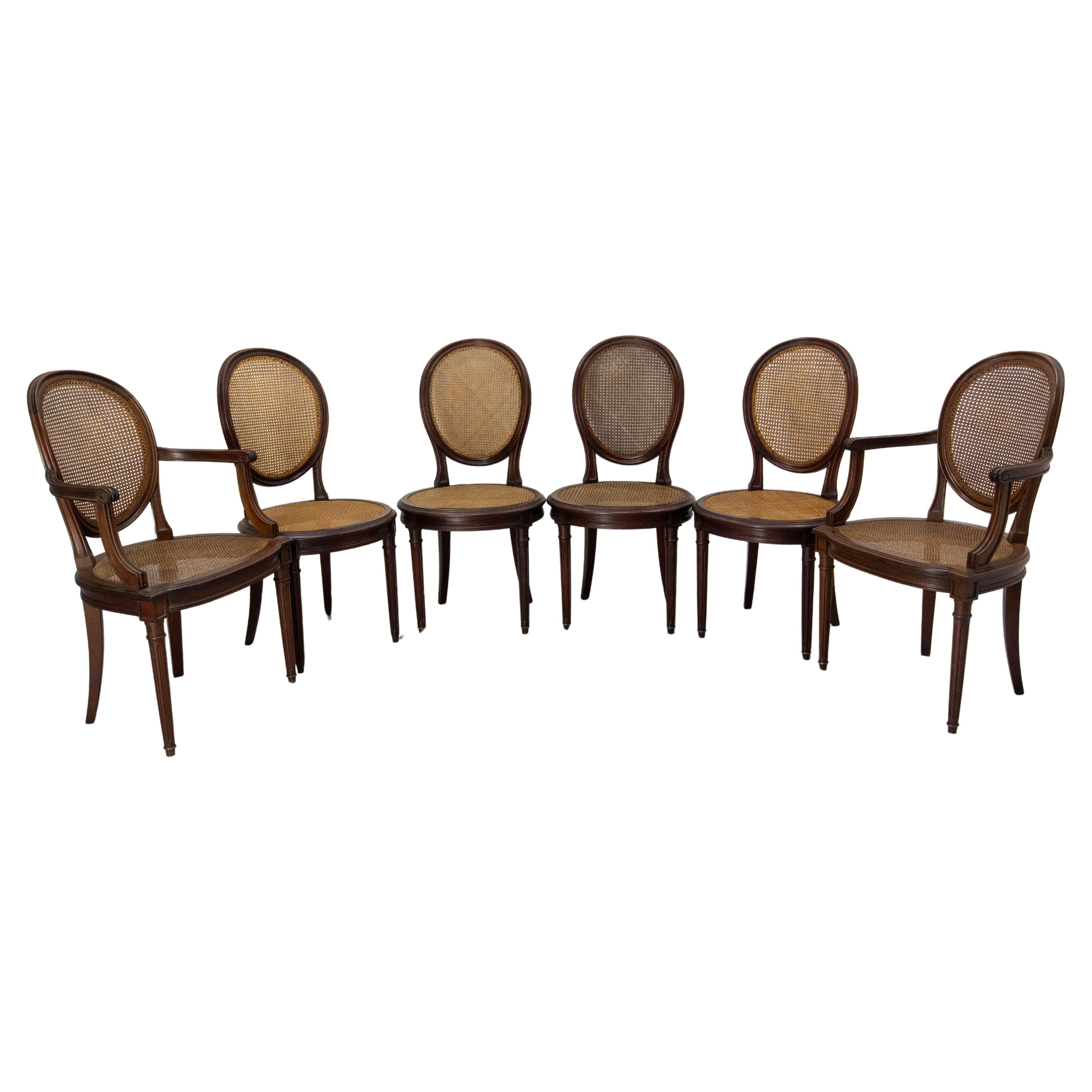 Set of Four Chairs & Two Armchairs Wood  & Cane Louis XVI St, French, circa 1900 For Sale