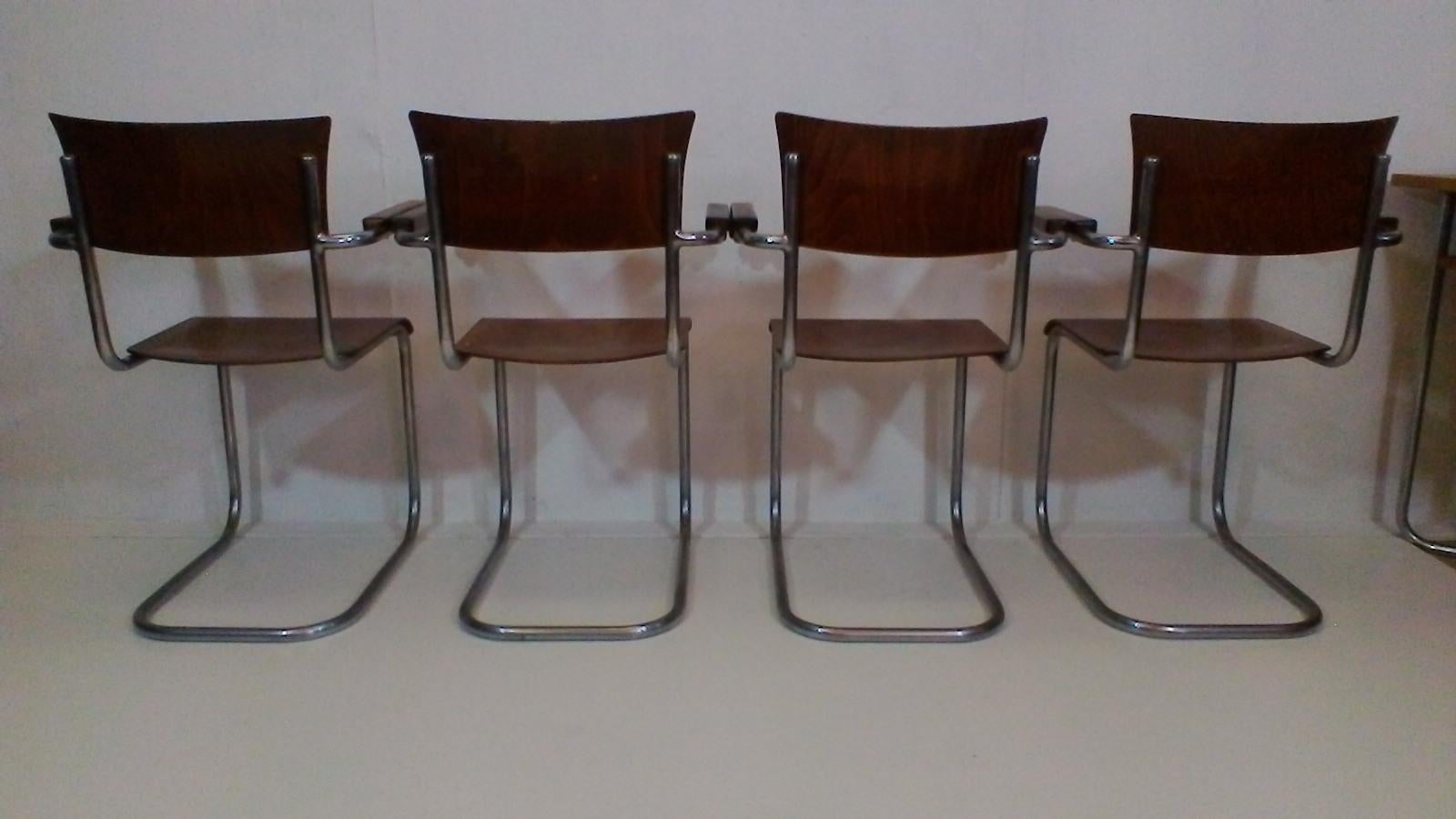 Czech Set of four chairs with table by Robert Slezák, functionalism, 1935