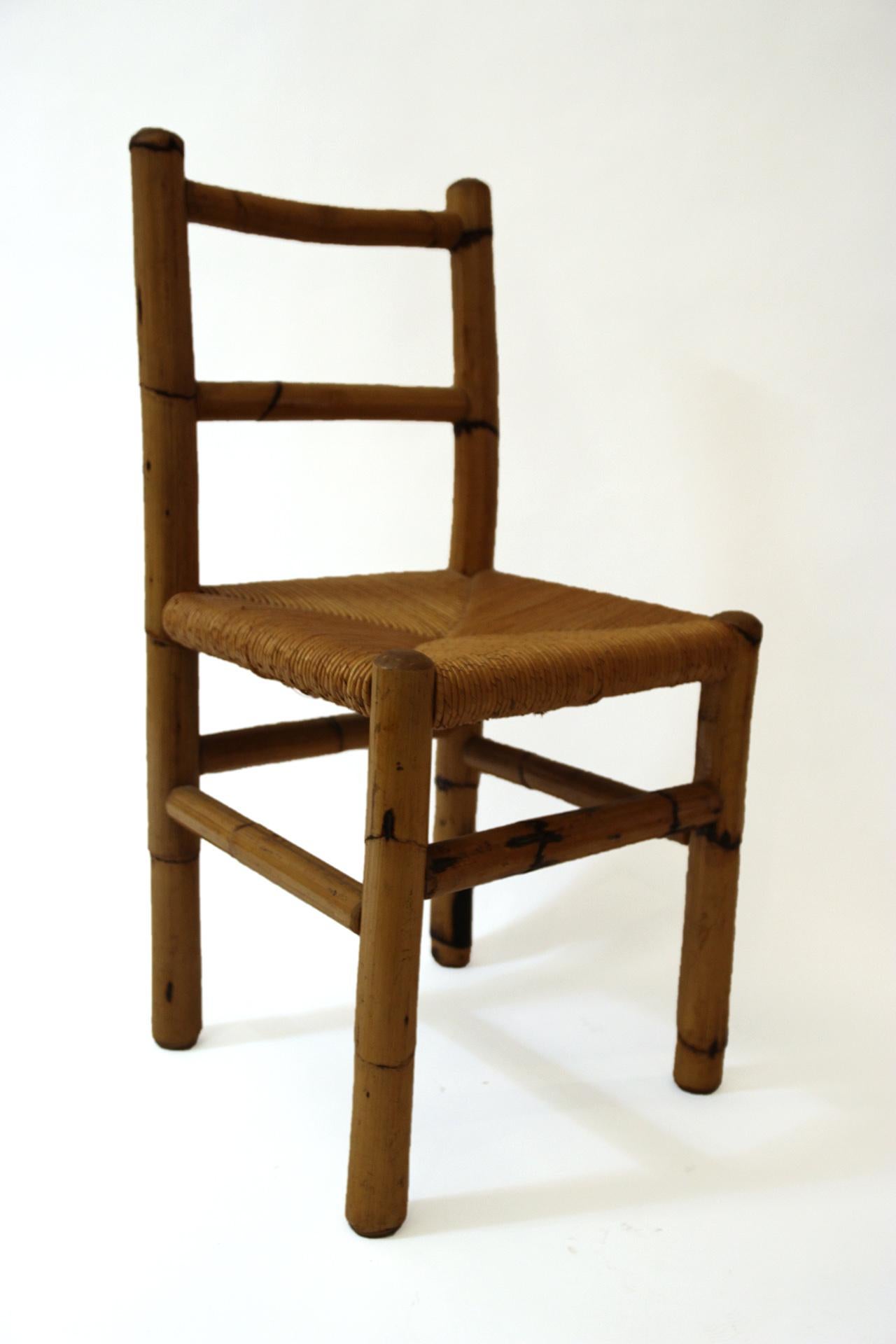 Mid-Century Modern Set of Four Chairs, Wood and Bamboo, circa 1970, France