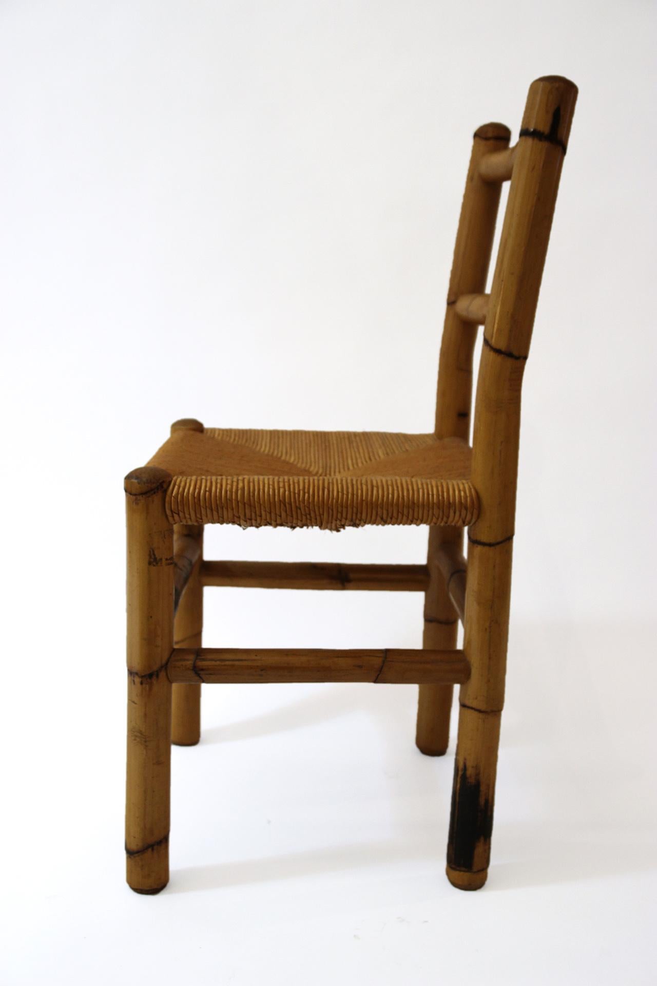 French Set of Four Chairs, Wood and Bamboo, circa 1970, France