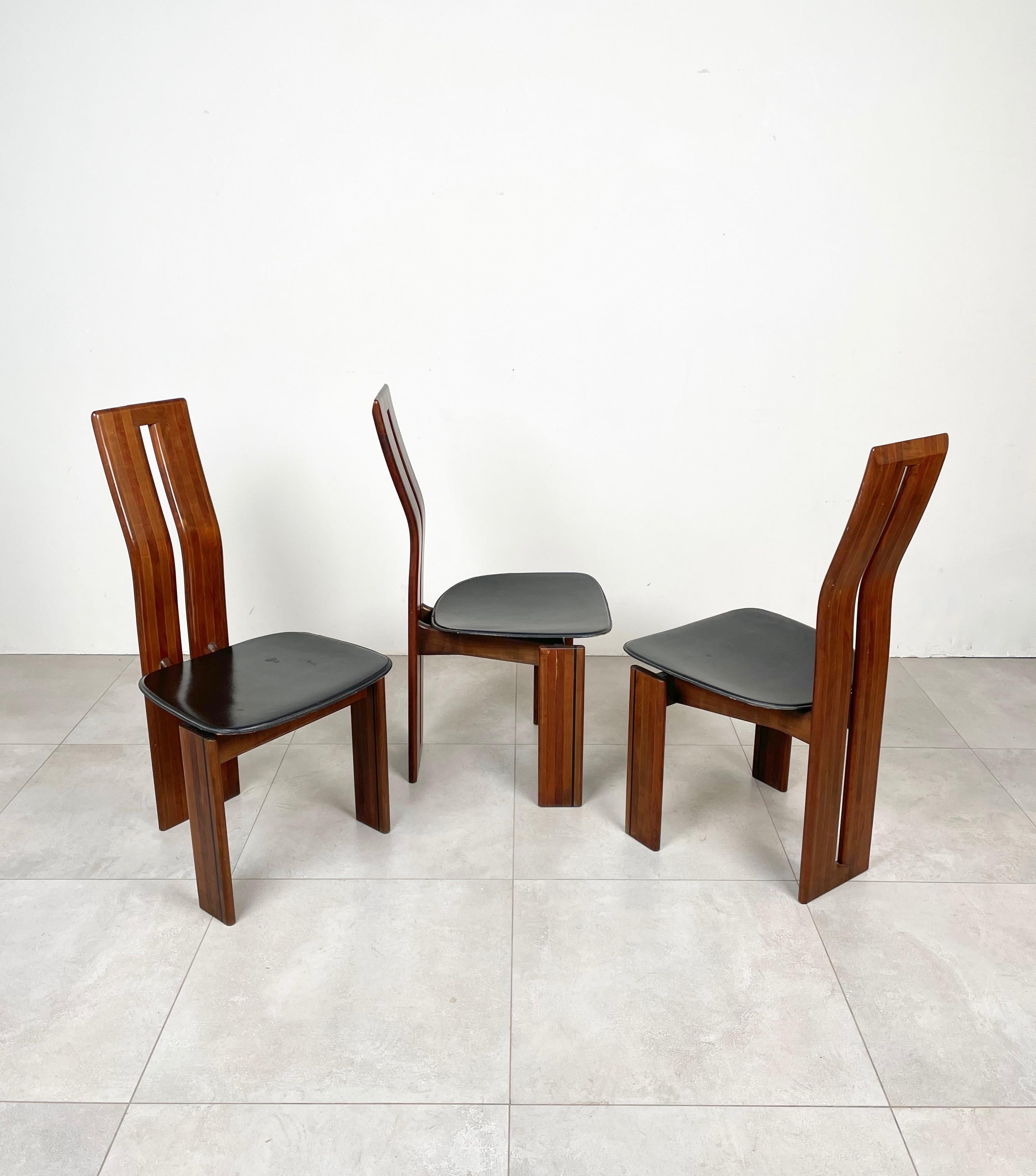 Ensemble de quatre chaises en bois et cuir Mario Marenco pour Mobil Girgi, Italie, années 1970 en vente 4