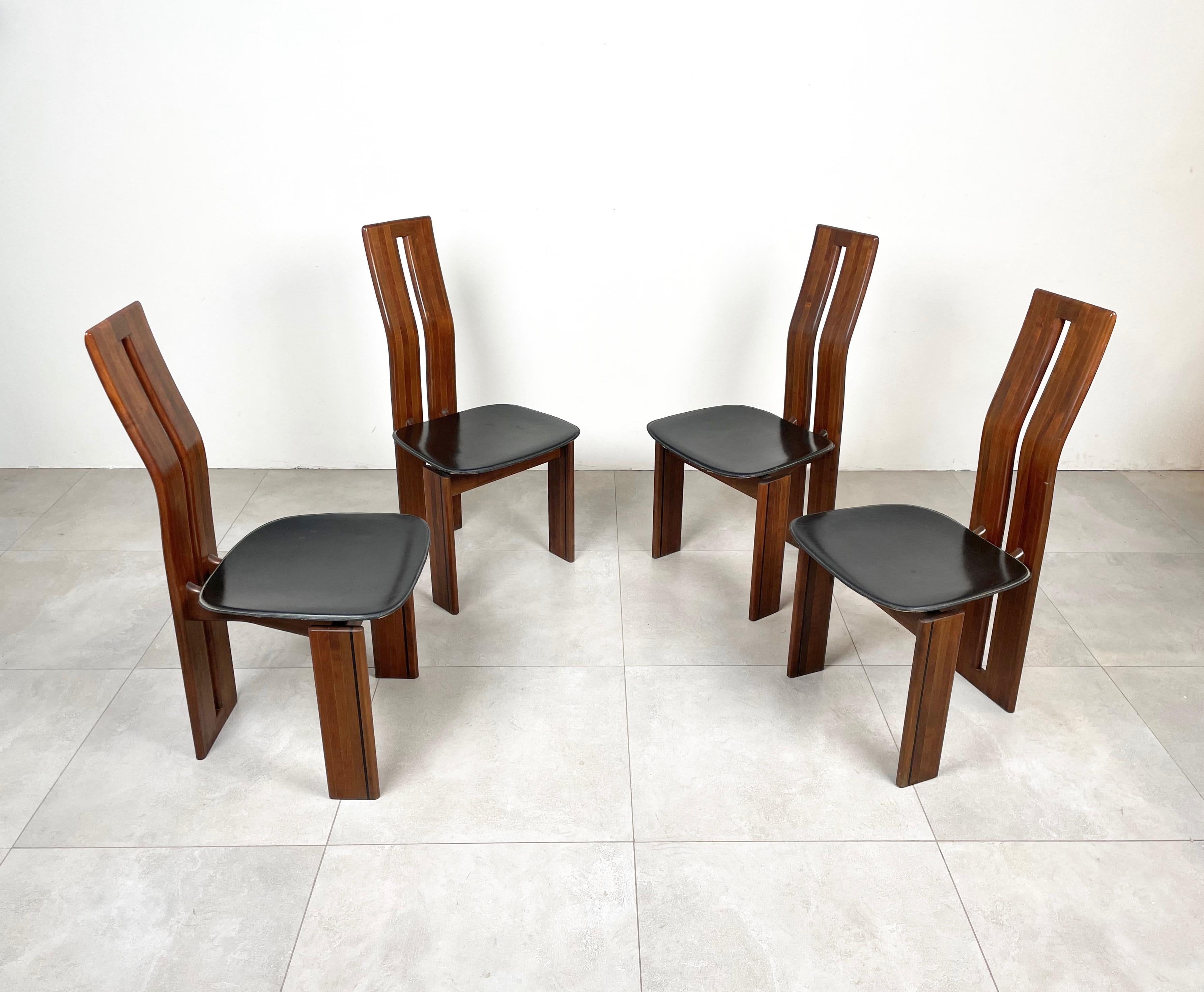 Italian Set of Four Chairs Wood and Leather Mario Marenco for Mobil Girgi, Italy 1970s For Sale